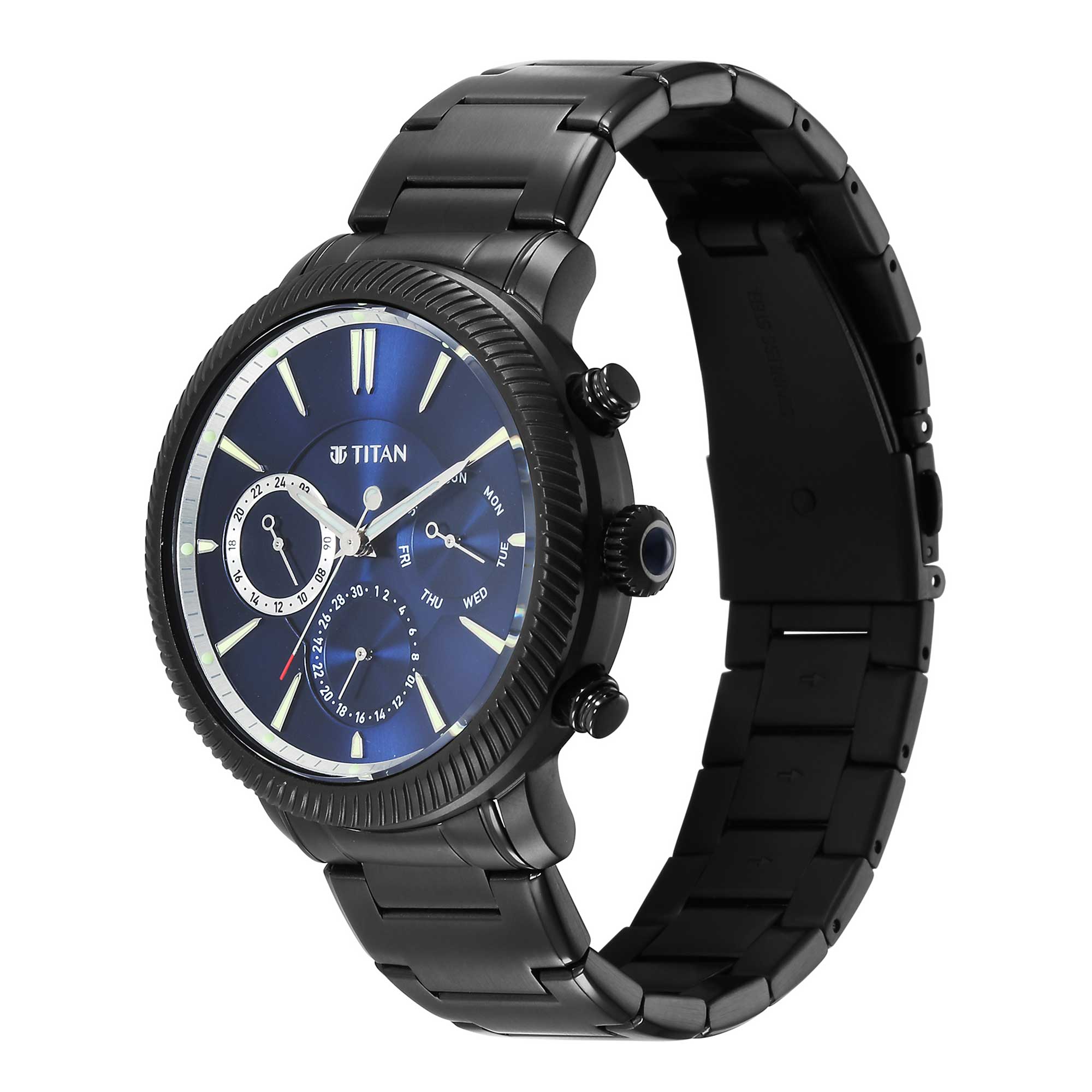 Titan Stellar Quartz Multifunction Blue Dial Stainless Steel Strap Watch for Men