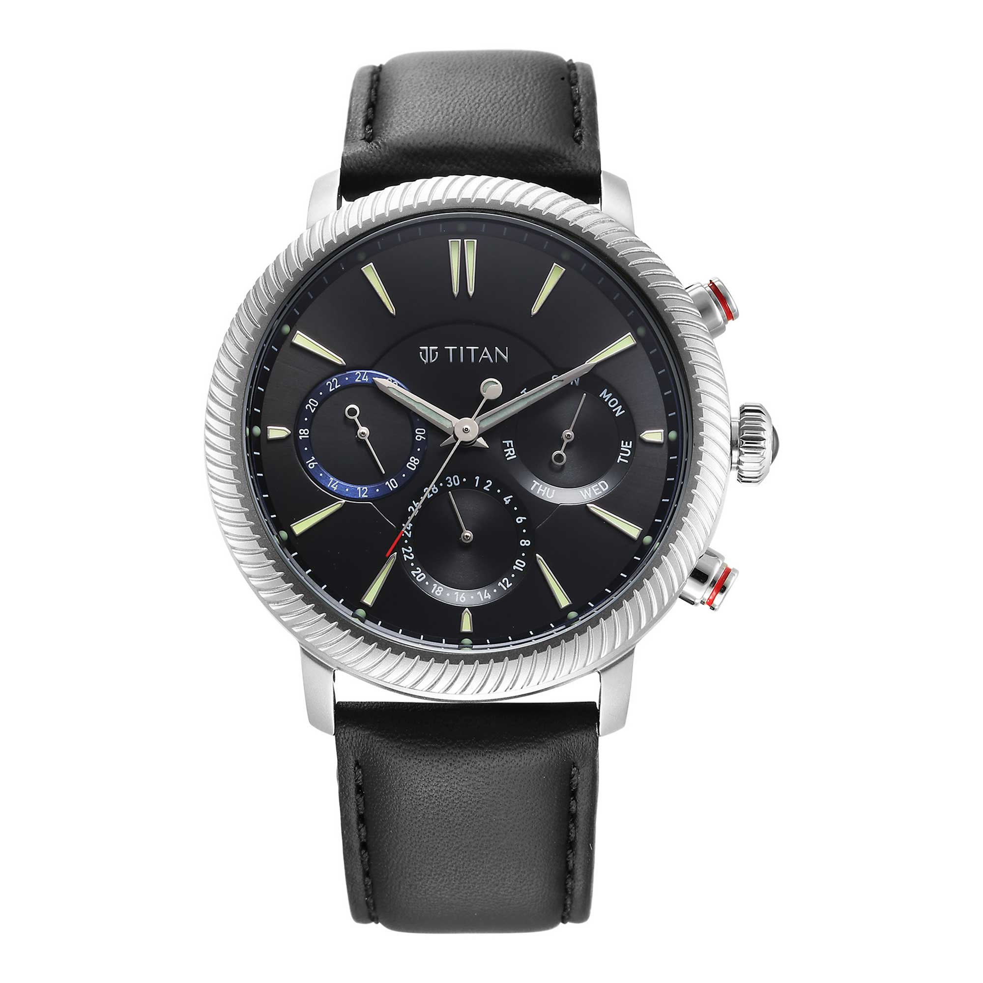 Titan Stellar Quartz Multifunction Black Dial Leather Strap Watch for Men