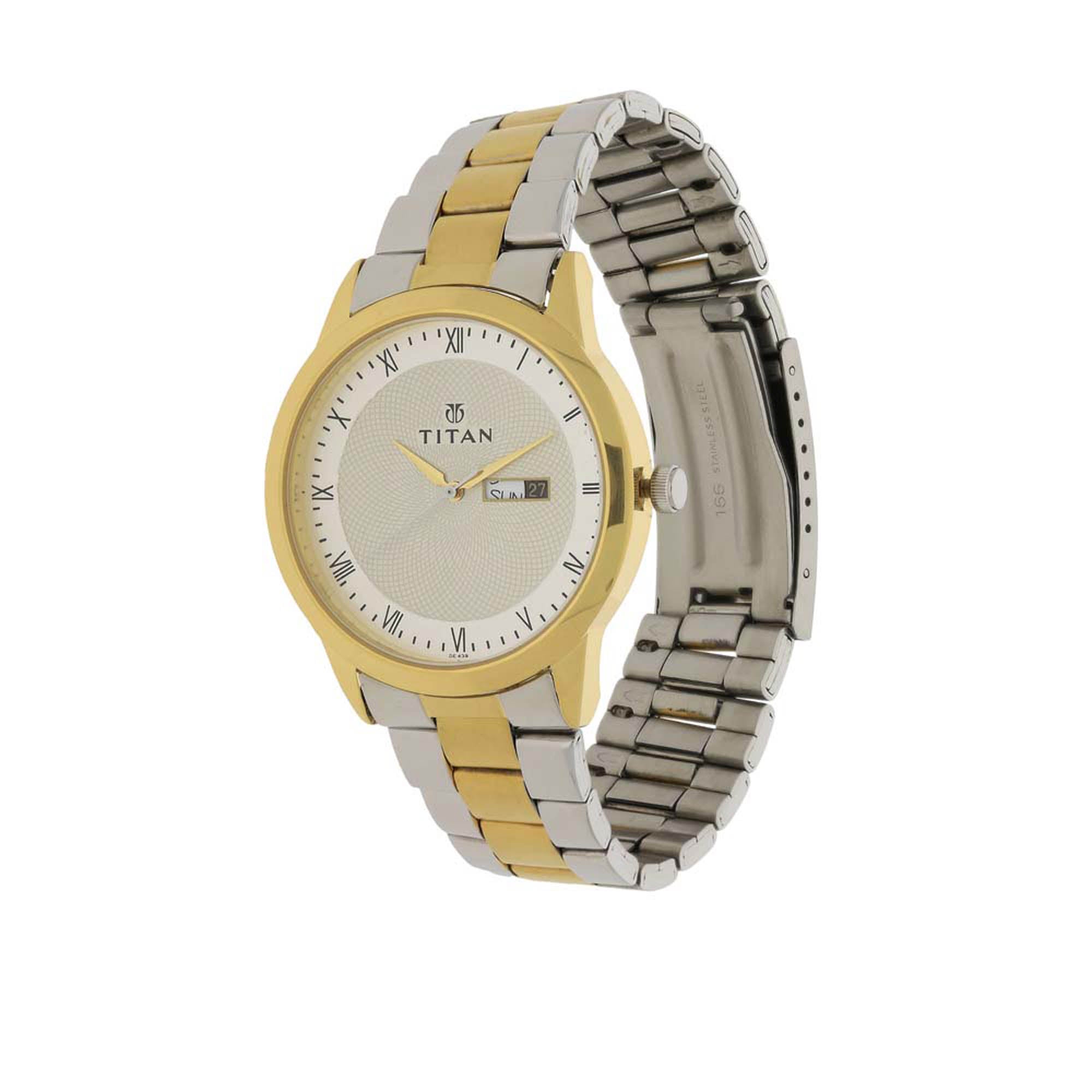 Titan Quartz Analog with Day and Date Champagne Dial Stainless Steel Strap Watch for Men