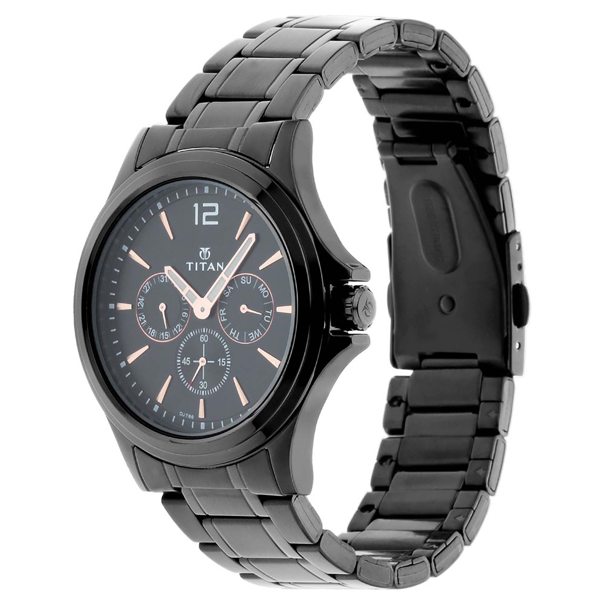 Titan Quartz Multifunction Black Dial Stainless Steel Strap Watch for Men