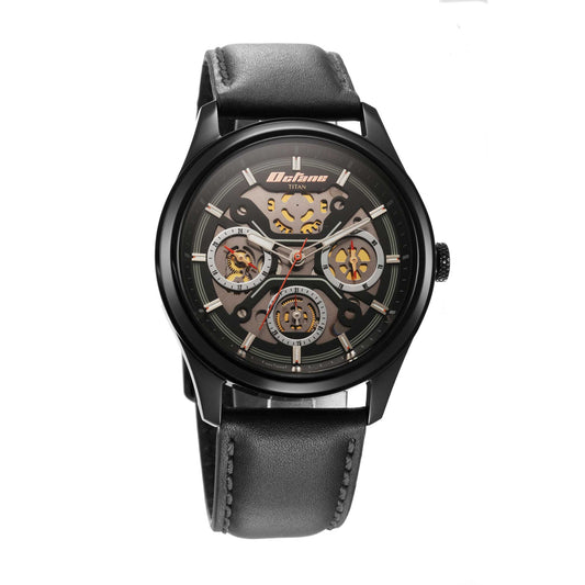 Titan Octane Quartz Multifunction Black Dial With Black Leather Strap Watch For Men