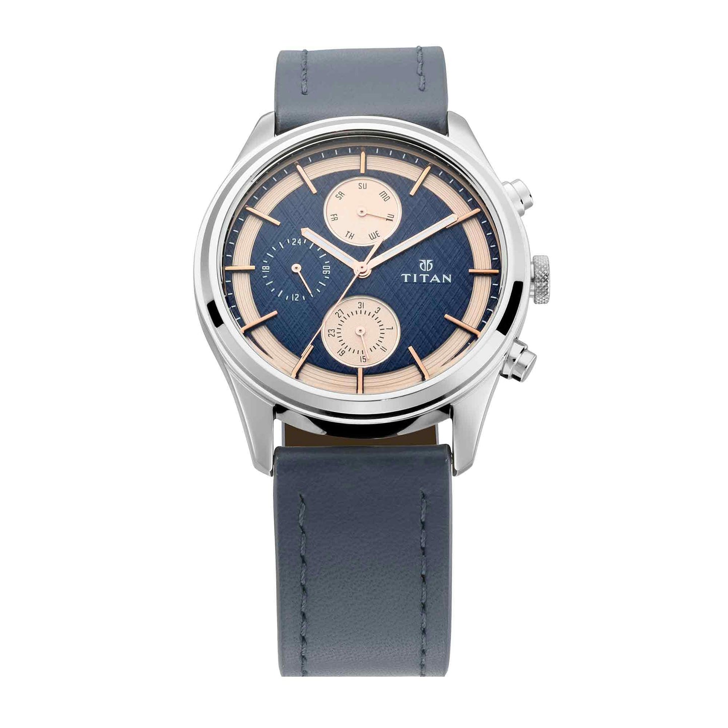 Titan Quartz Multifunction Blue Dial Leather Strap Watch for Men