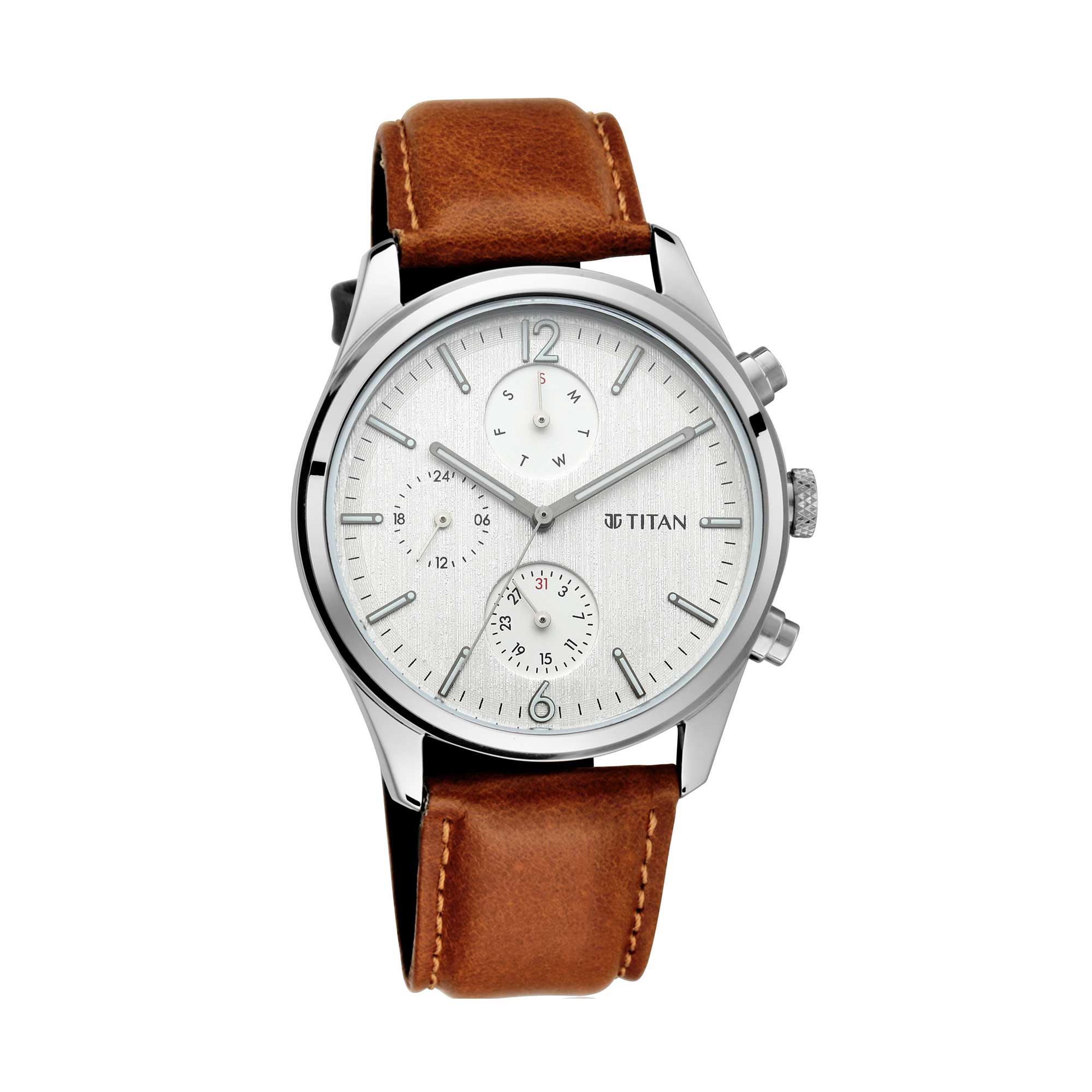 Titan Quartz Multifunction White Dial Leather Strap Watch for Men