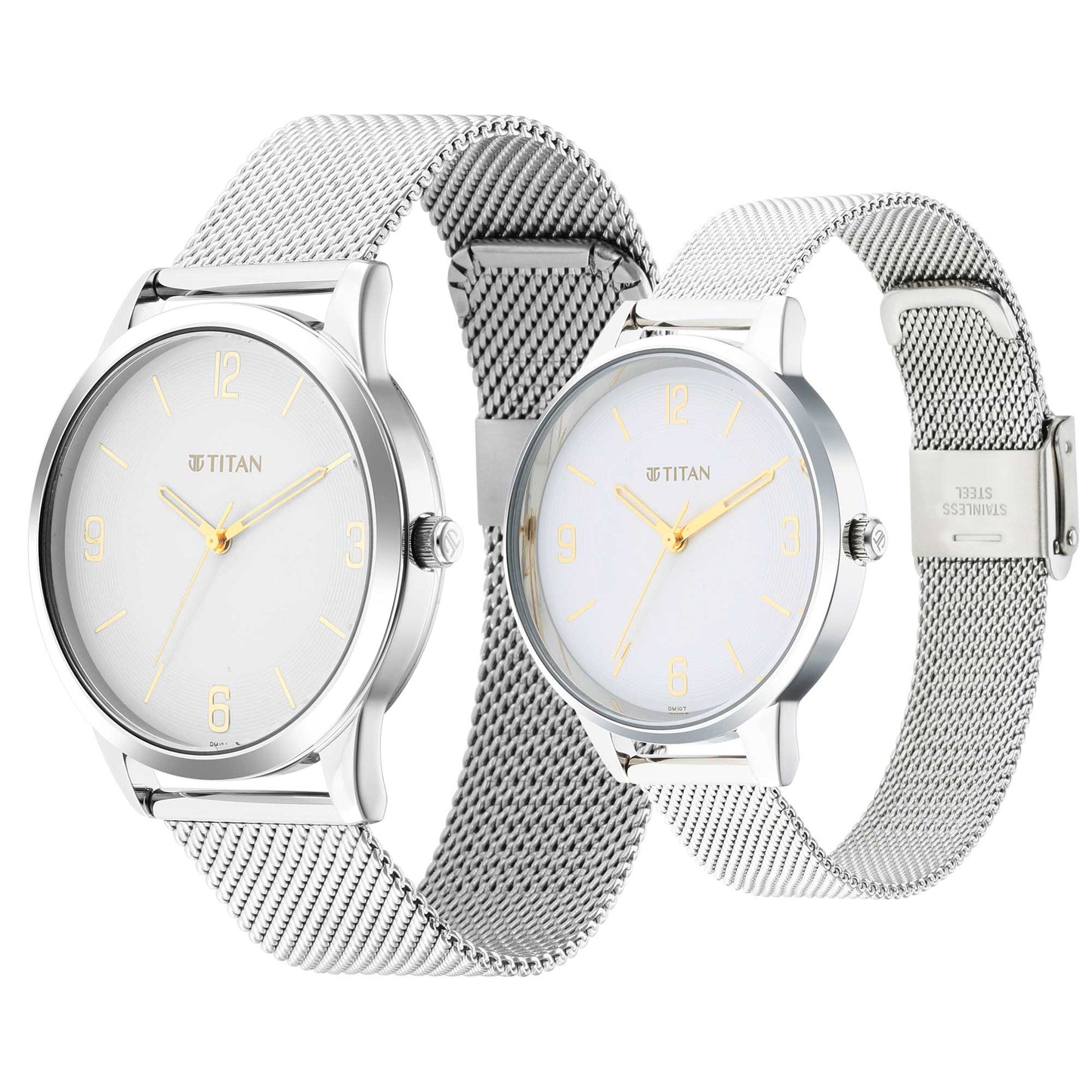 Titan Quartz Analog White Dial Stainless Steel Strap Watch for Couple