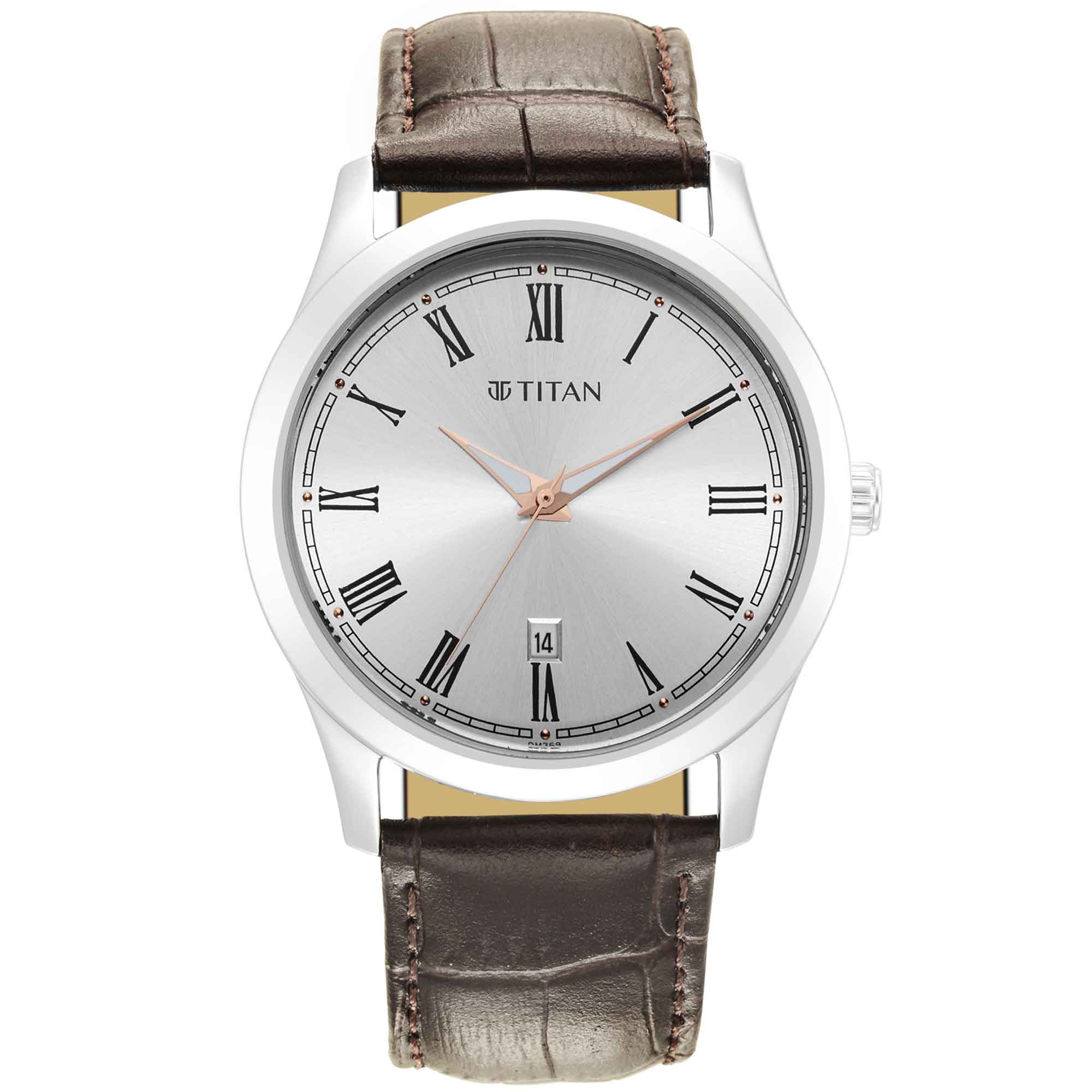 Titan Trendsetters Silver White Dial Analog Leather Strap watch for Men