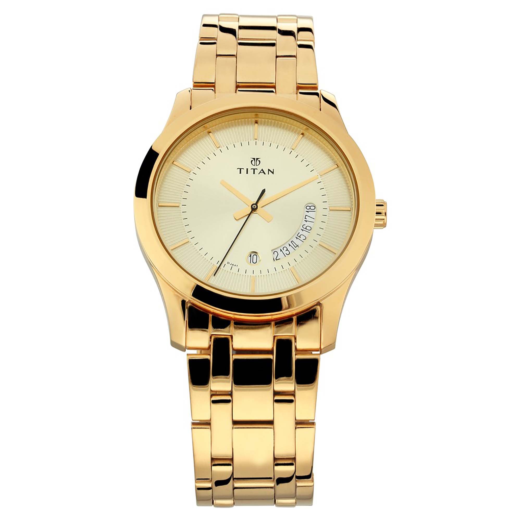 Titan Quartz Analog with Date Champagne Dial Stainless Steel Strap Watch for Men