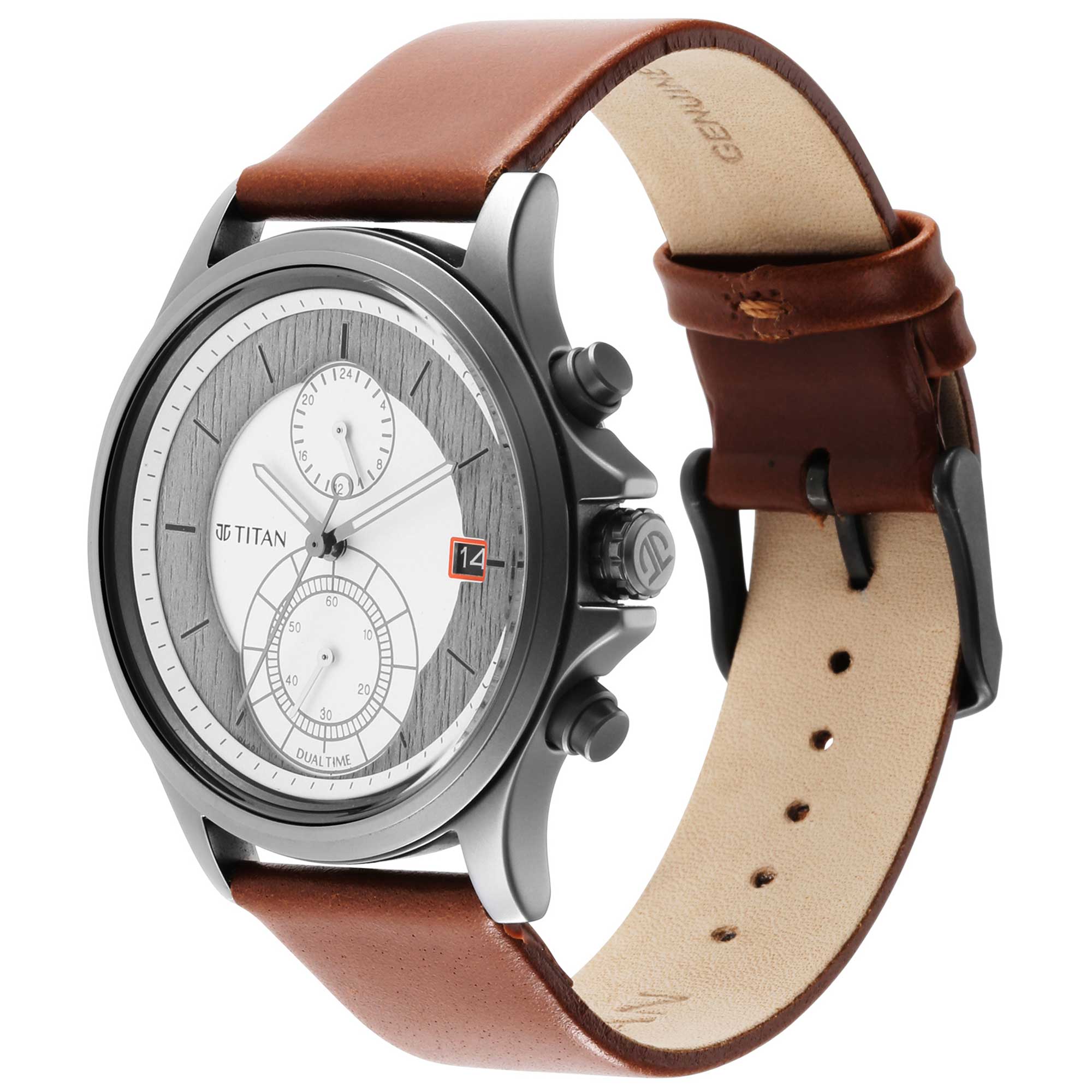 Titan Workwear Silver Dual Time Quartz Leather Strap watch for Men