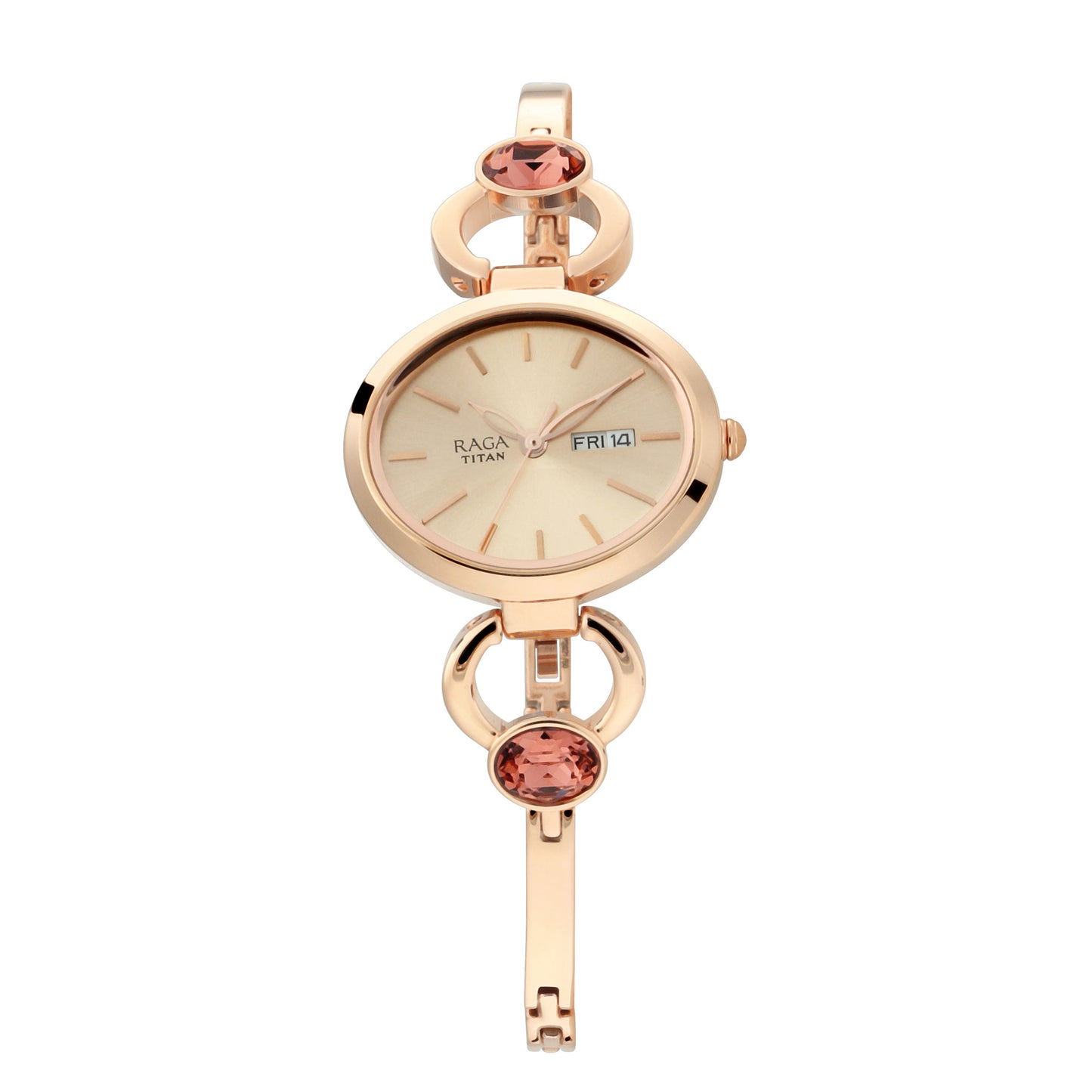 Titan Raga Viva Rose Gold Dial Analog Day and Date Metal Strap Watch for Women