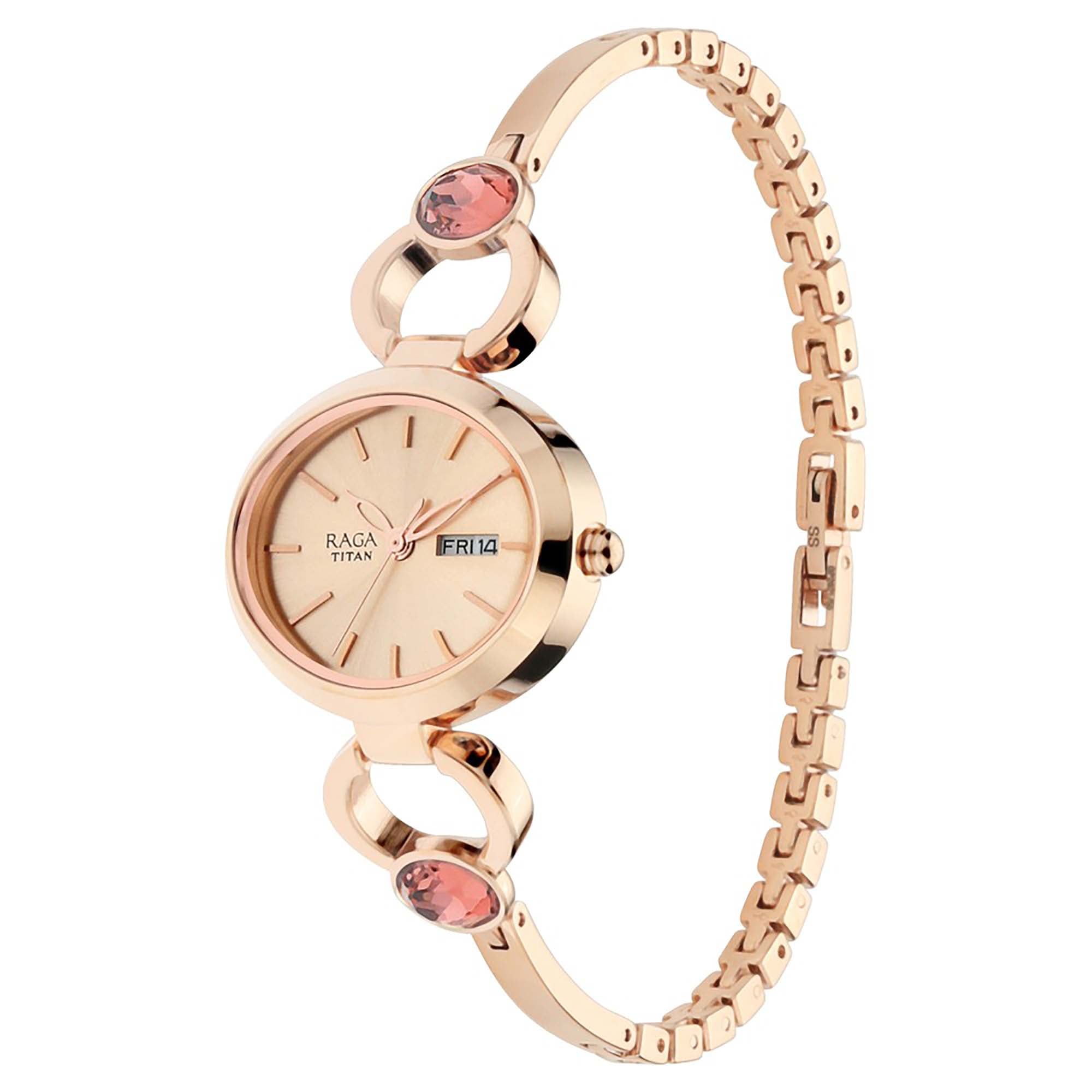 Titan Raga Viva Rose Gold Dial Analog Day and Date Metal Strap Watch for Women