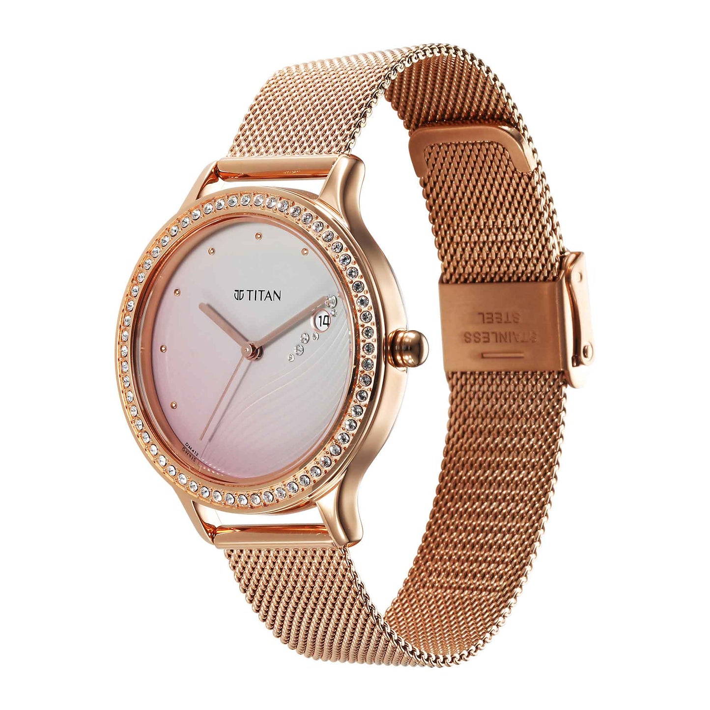 Titan Purple Glam It Up Pink Dial Analog with Date Stainless Steel Strap Watch for Women