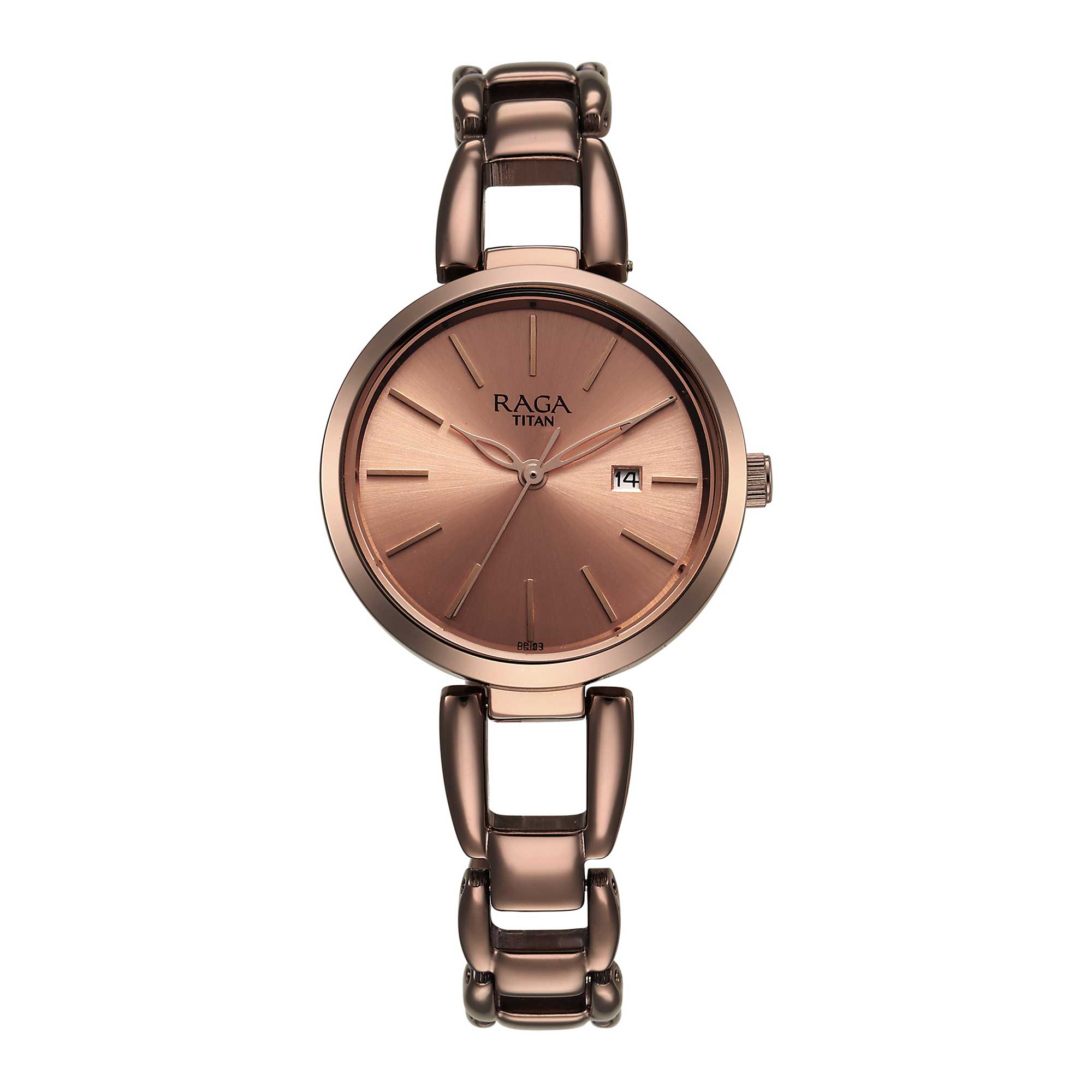 Titan Raga Viva Quartz Analog with Date Rose Gold Dial Brown Metal Strap Watch for Women