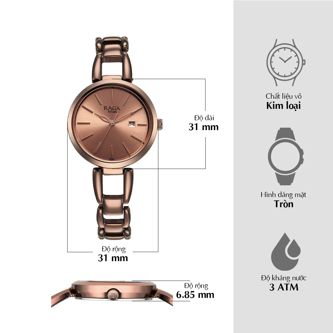 Titan Raga Viva Quartz Analog with Date Rose Gold Dial Brown Metal Strap Watch for Women