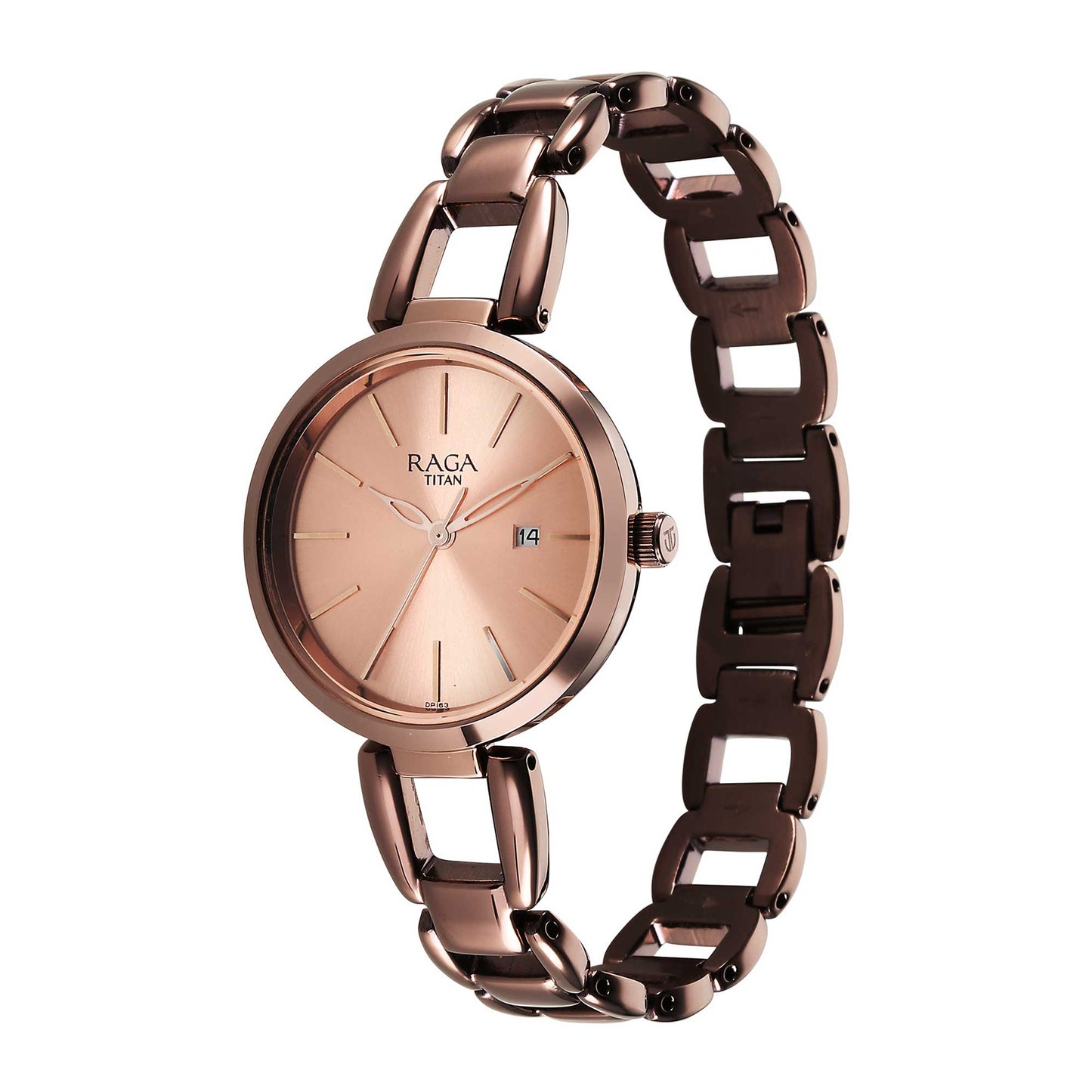 Titan Raga Viva Quartz Analog with Date Rose Gold Dial Brown Metal Strap Watch for Women