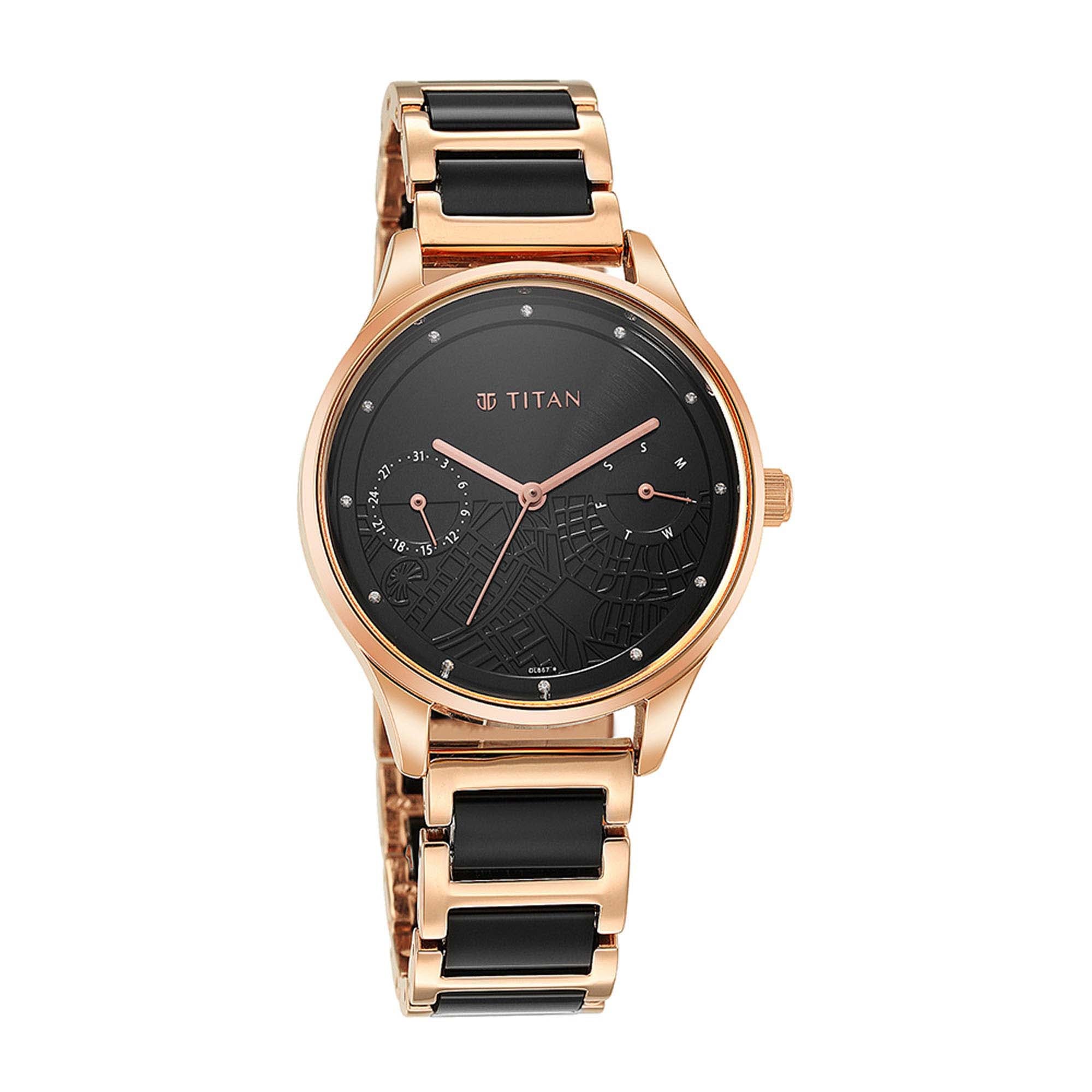 Titan Purple Acetate Black Dial Analog with Day and Date Metal and Acetate Strap Watch for Women