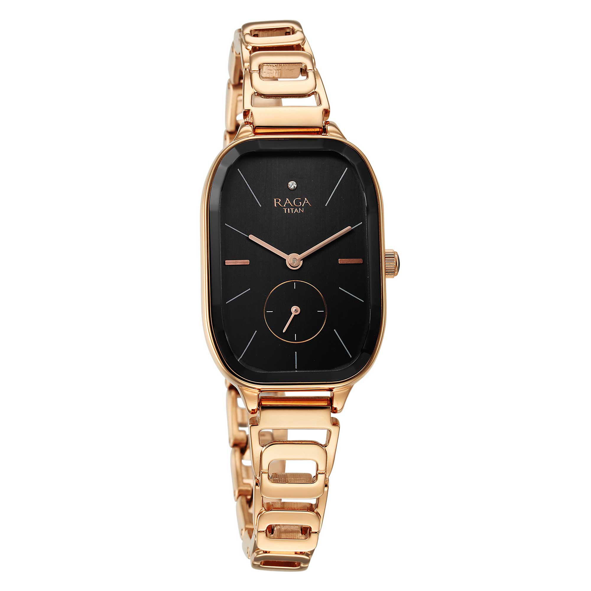 Titan Raga Chic Quartz Analog Black Dial Rose Gold Metal Strap Watch for Women