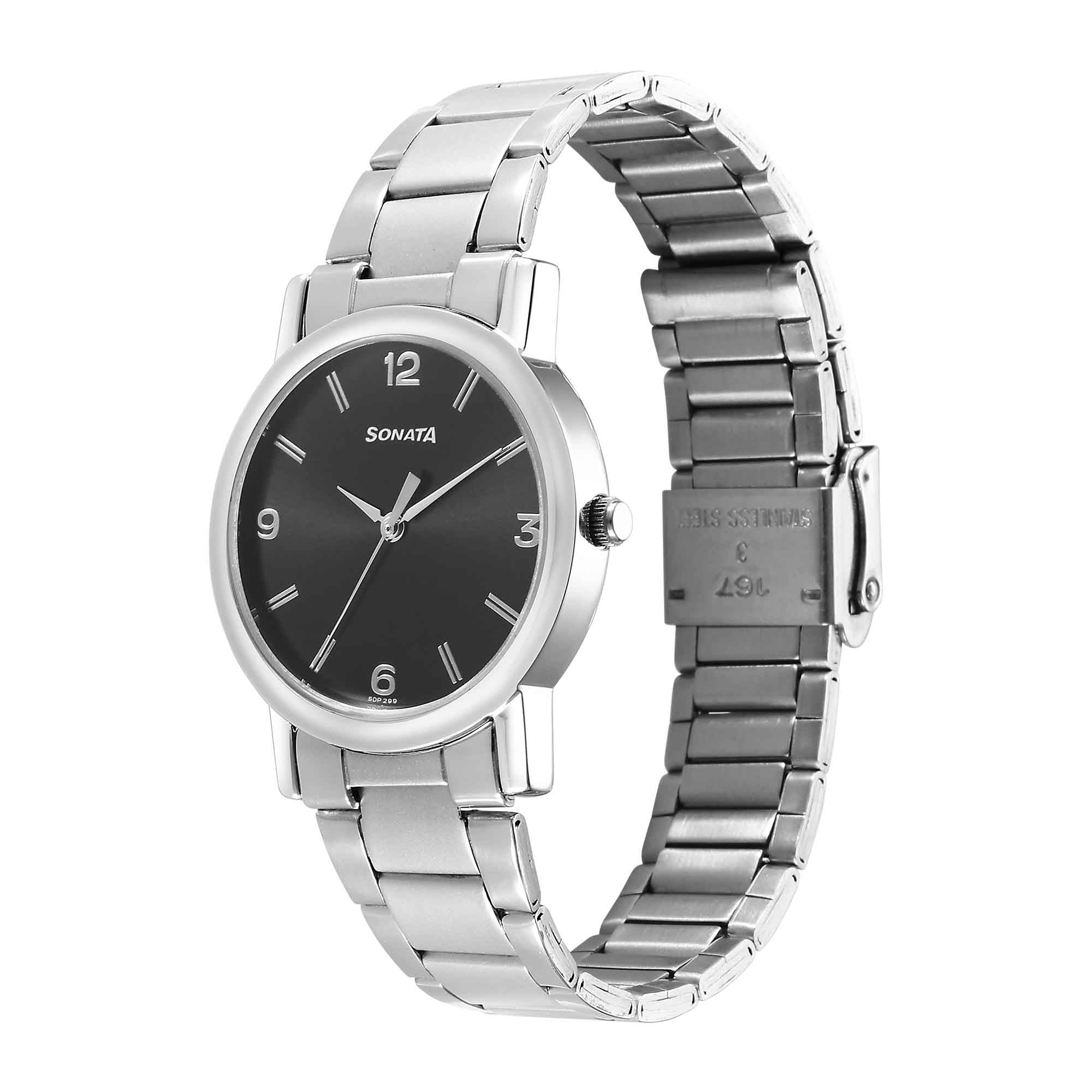 Sonata Classic Quartz Analog Black Dial Silver Stainless Steel Strap Watch for Men