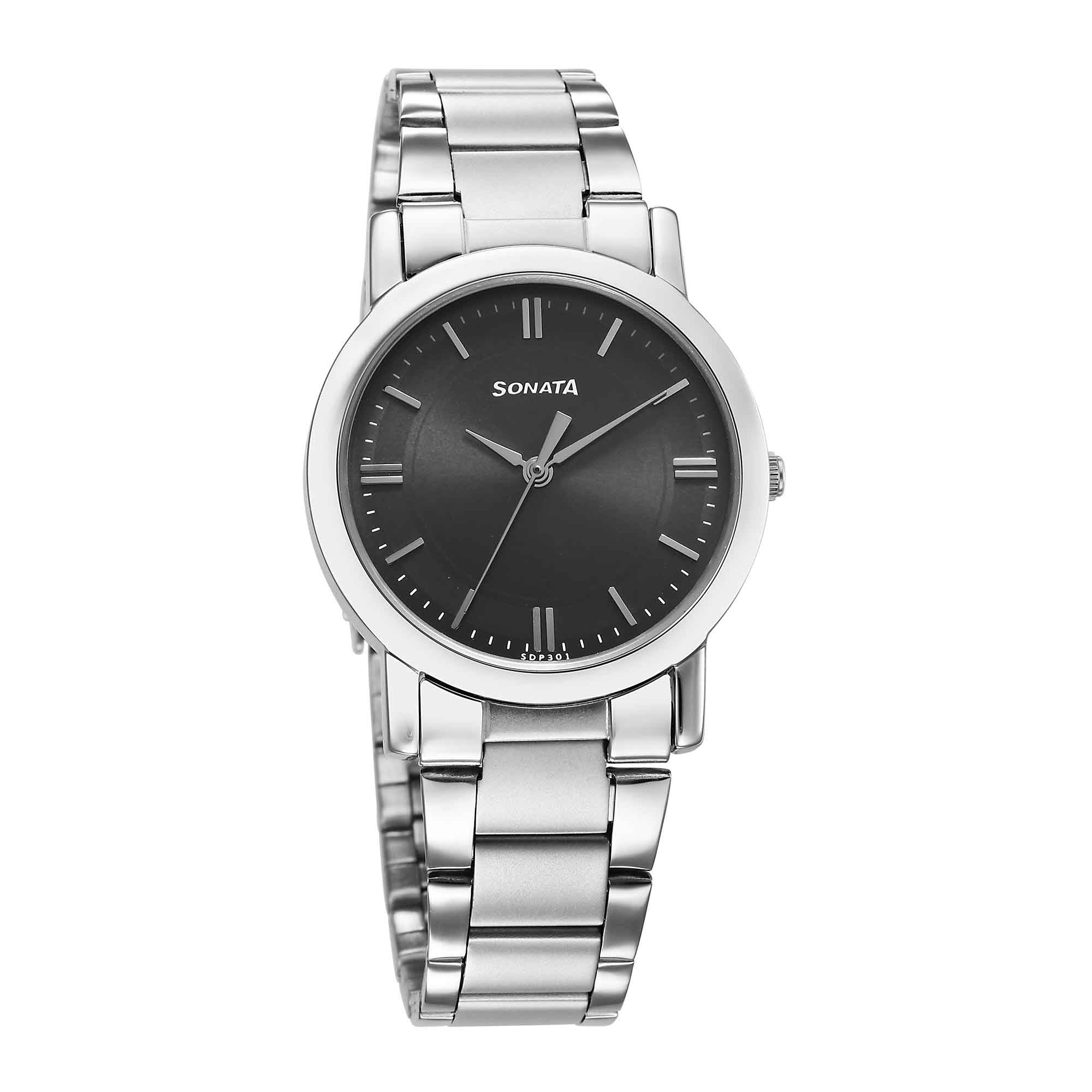 Sonata Classic Quartz Analog Grey Dial Silver Stainless Steel Strap Watch for Men