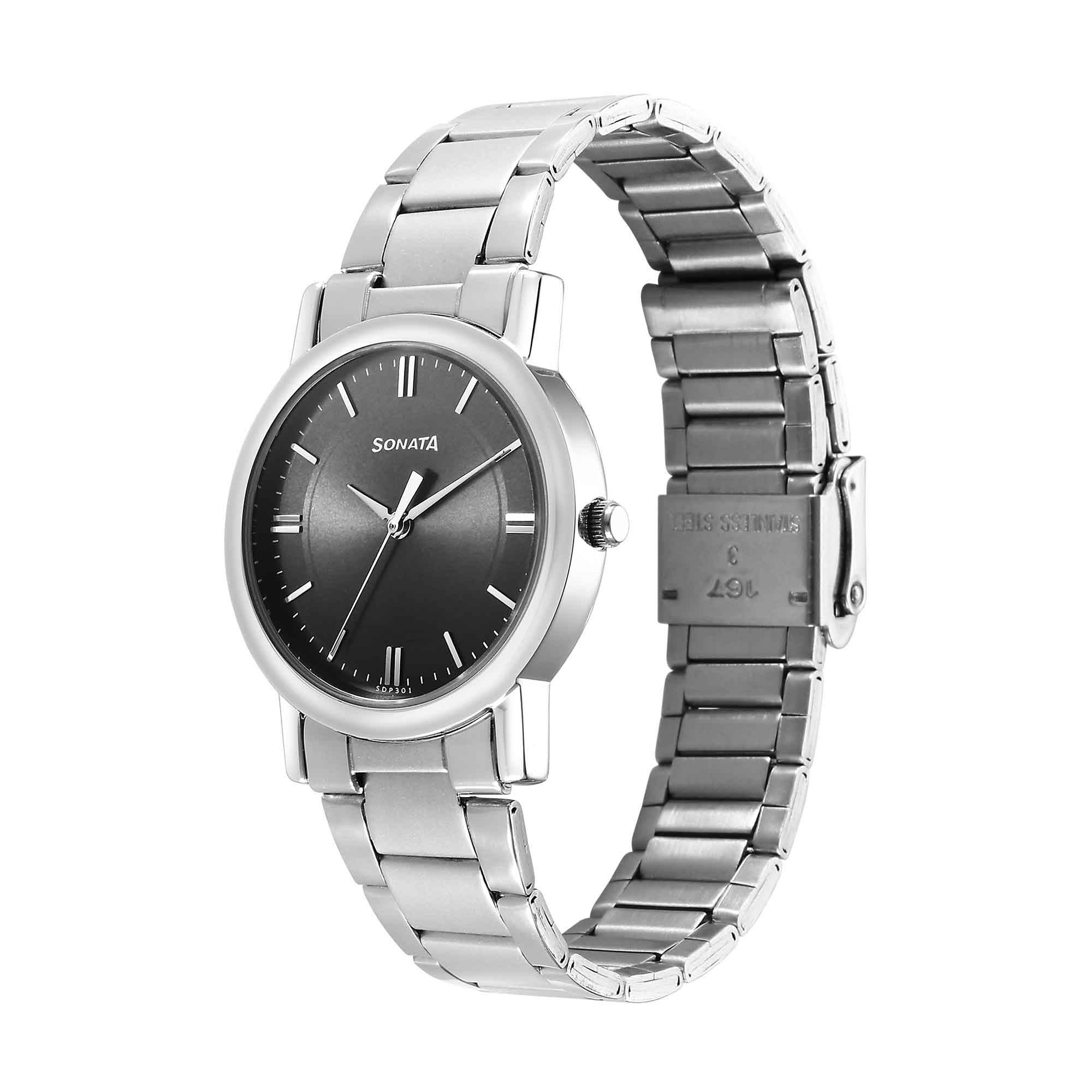 Sonata Classic Quartz Analog Grey Dial Silver Stainless Steel Strap Watch for Men