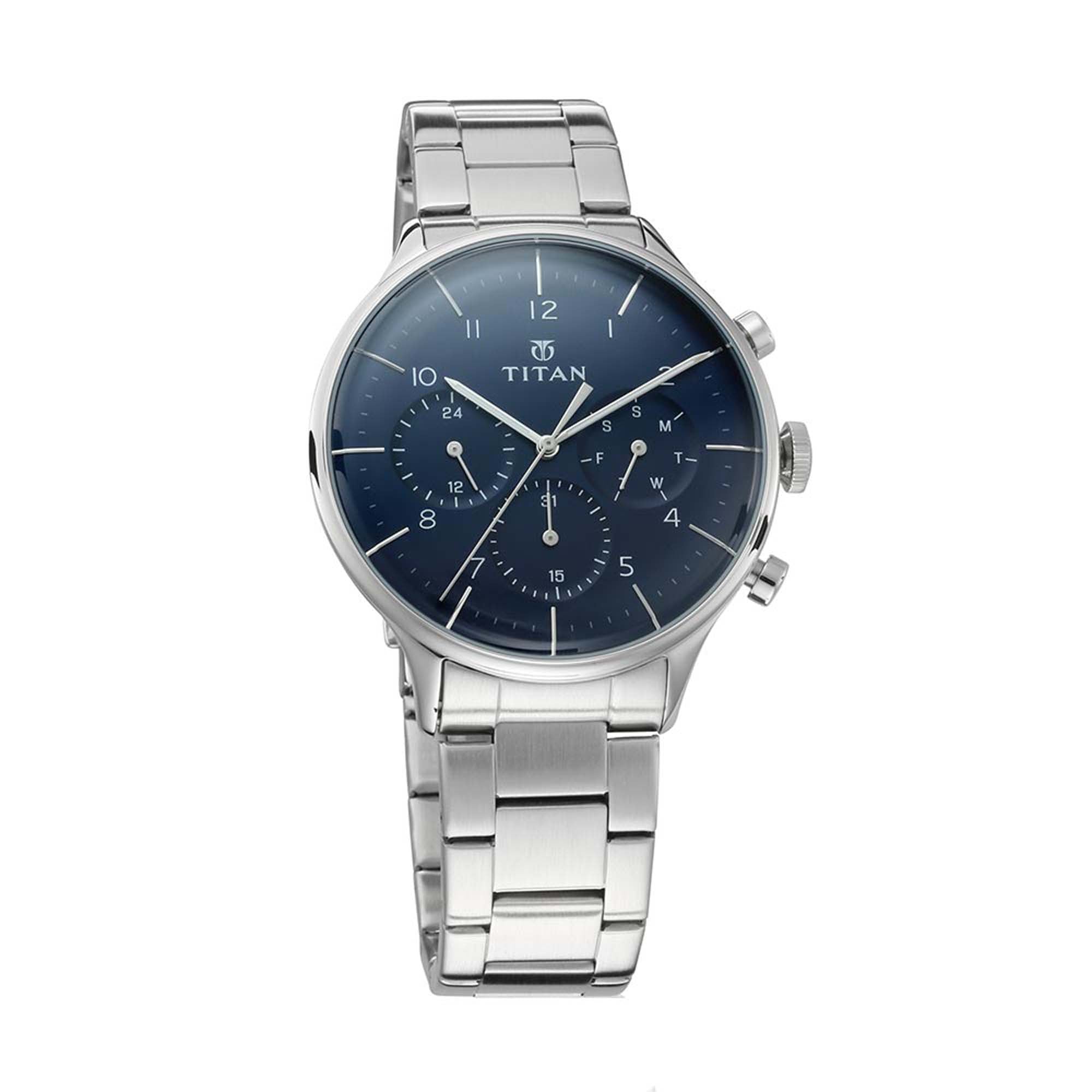 Titan Quartz Multifunction Blue Dial Stainless Steel Strap Watch for Men