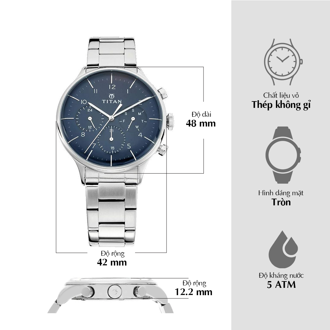 Titan Quartz Multifunction Blue Dial Stainless Steel Strap Watch for Men