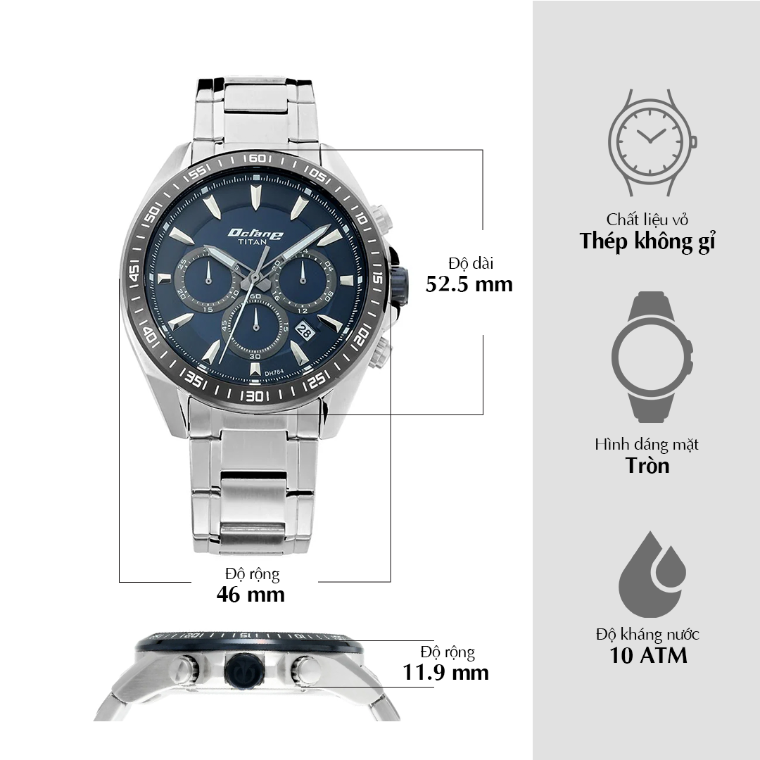 Titan Octane Blue Dial Chronograph Stainless Steel Strap watch for Men