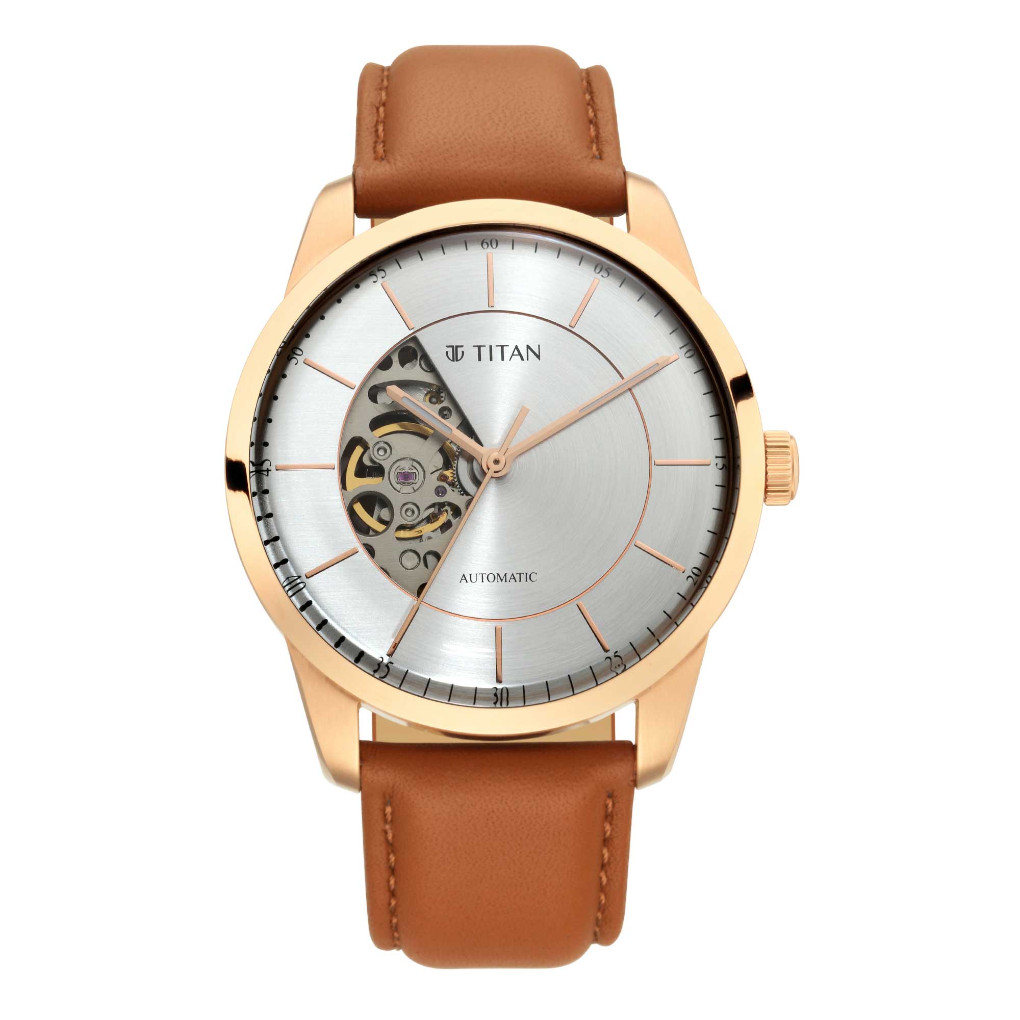 Titan Automatics Silver Dial Automatic Leather Strap Watch for Men