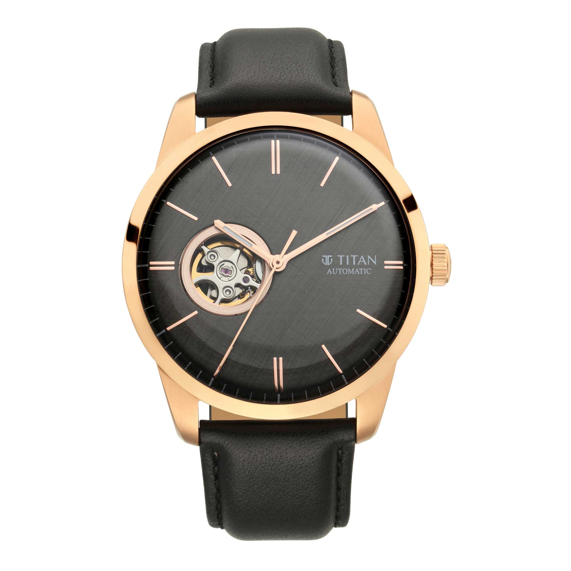 Titan Automatic Automatic Black Dial Leather Strap Watch for Men