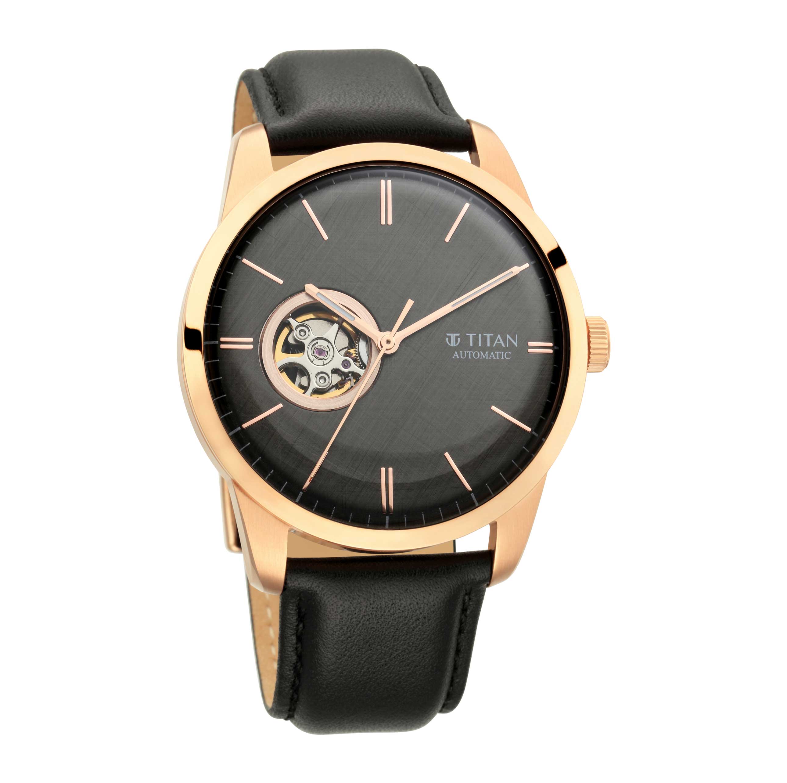 Titan Automatic Automatic Black Dial Leather Strap Watch for Men