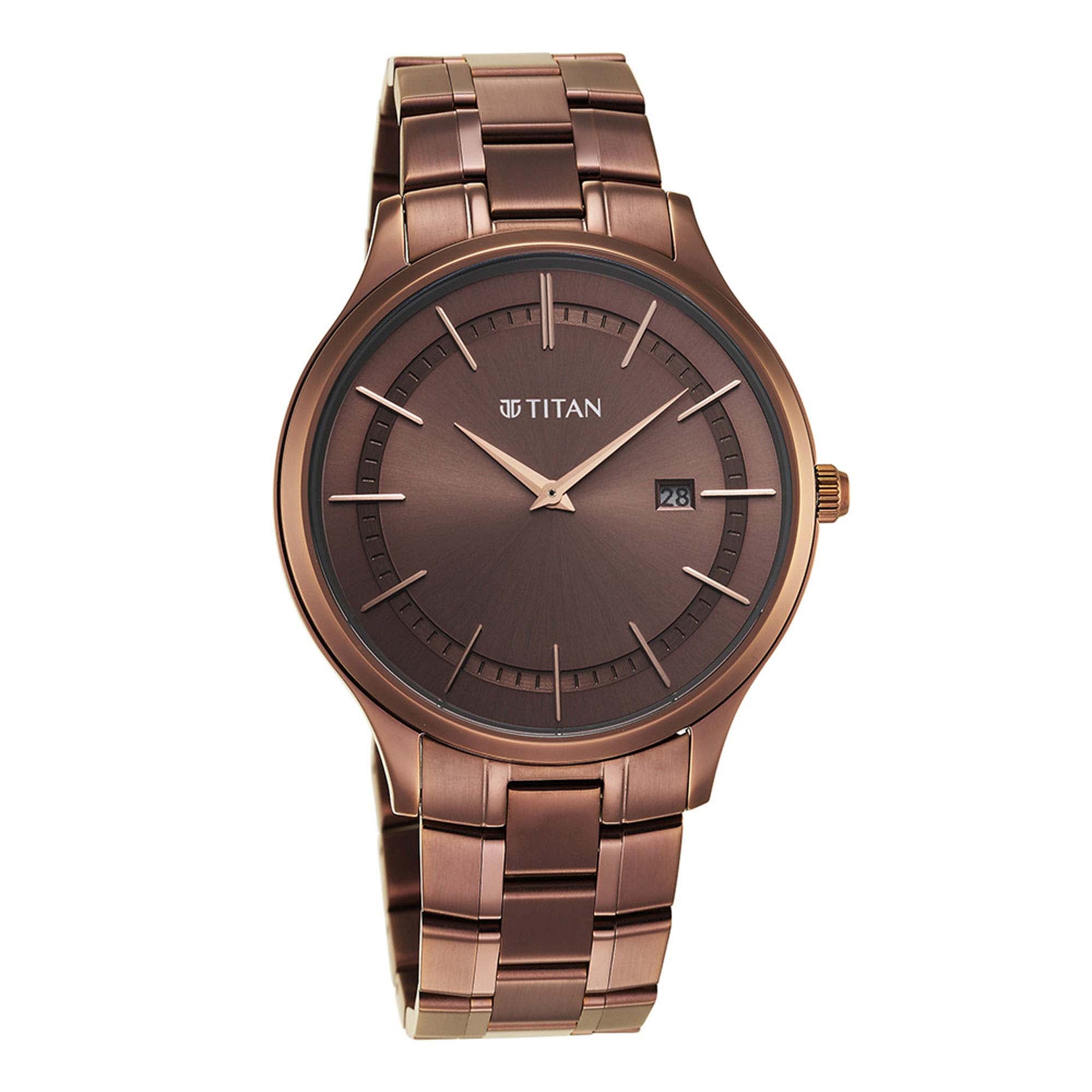 Titan Classique Slimline Brown Dial Analog with Day and Date Stainless Steel Strap Watch for Men