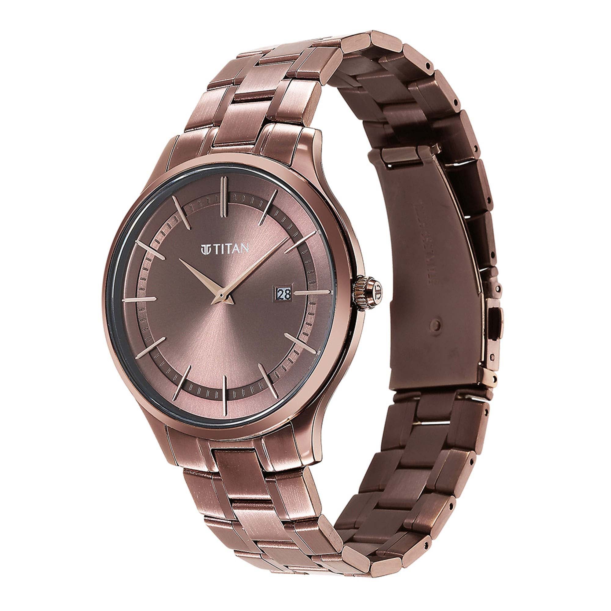 Titan Classique Slimline Brown Dial Analog with Day and Date Stainless Steel Strap Watch for Men