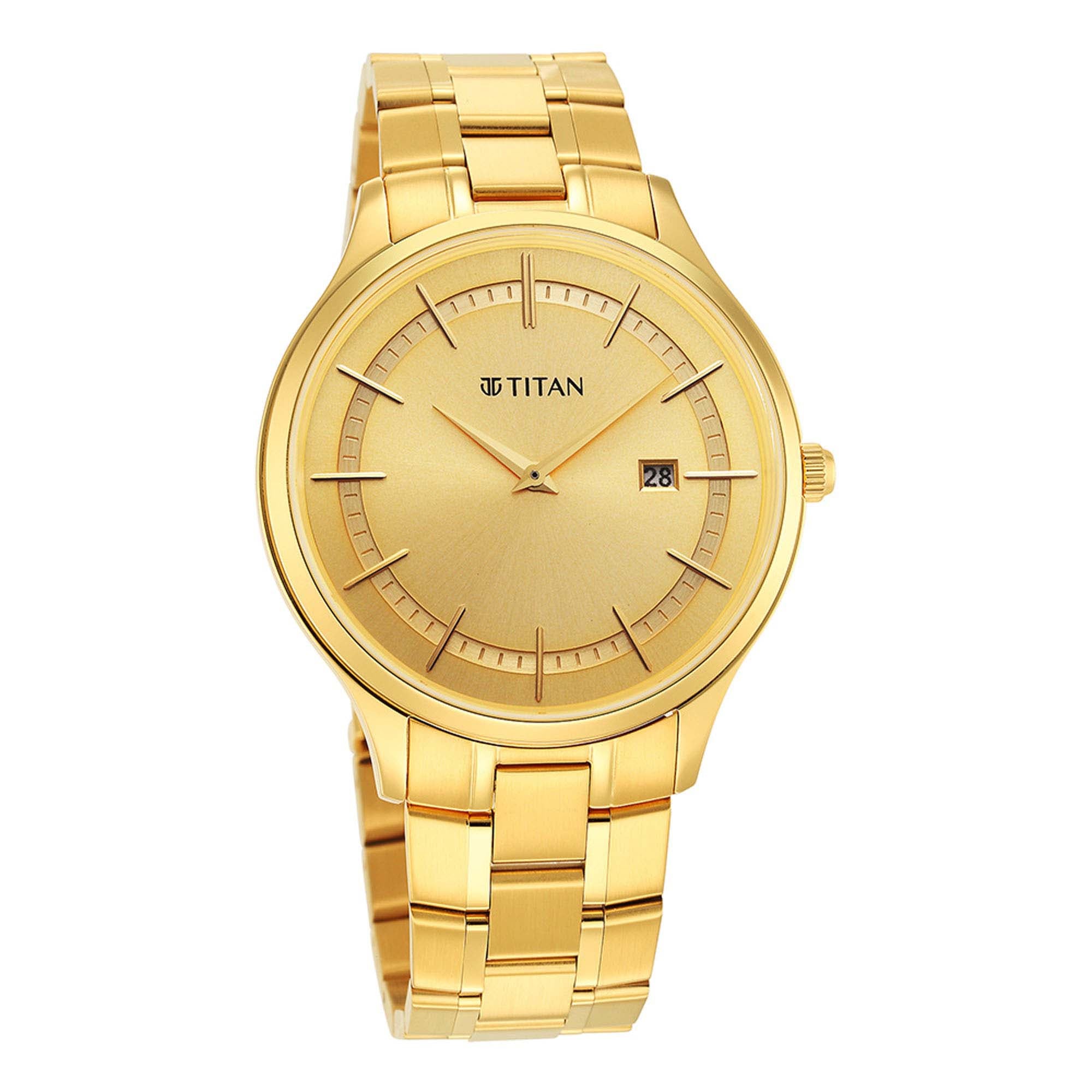 Titan Classique Slimline Champagne Dial Analog with Day and Date Stainless Steel Strap Watch for Men