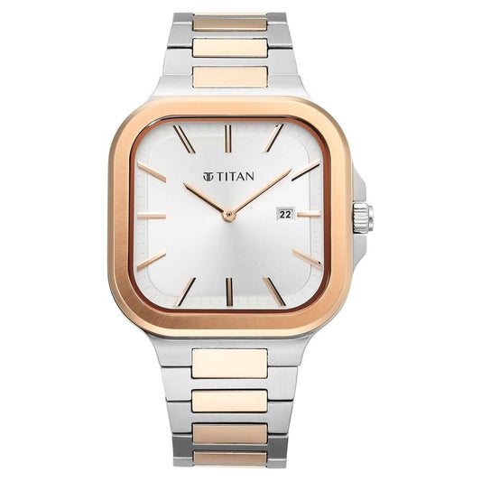 Đồng hồ Titan Classique Slim Square Quartz Analog có ngày, mặt số bạc, dây đeo bằng thép không gỉ dành cho nam