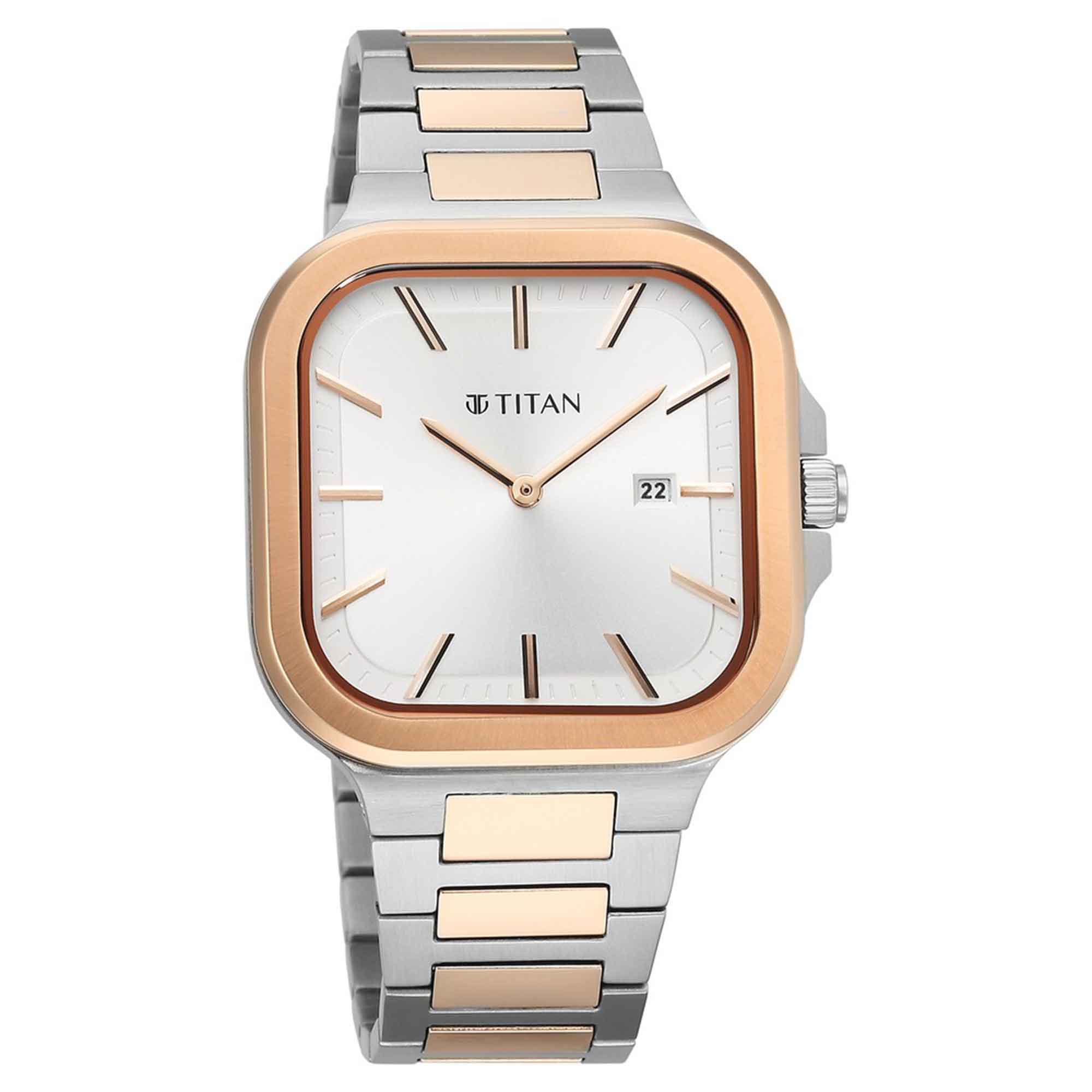 Đồng hồ Titan Classique Slim Square Quartz Analog có ngày, mặt số bạc, dây đeo bằng thép không gỉ dành cho nam