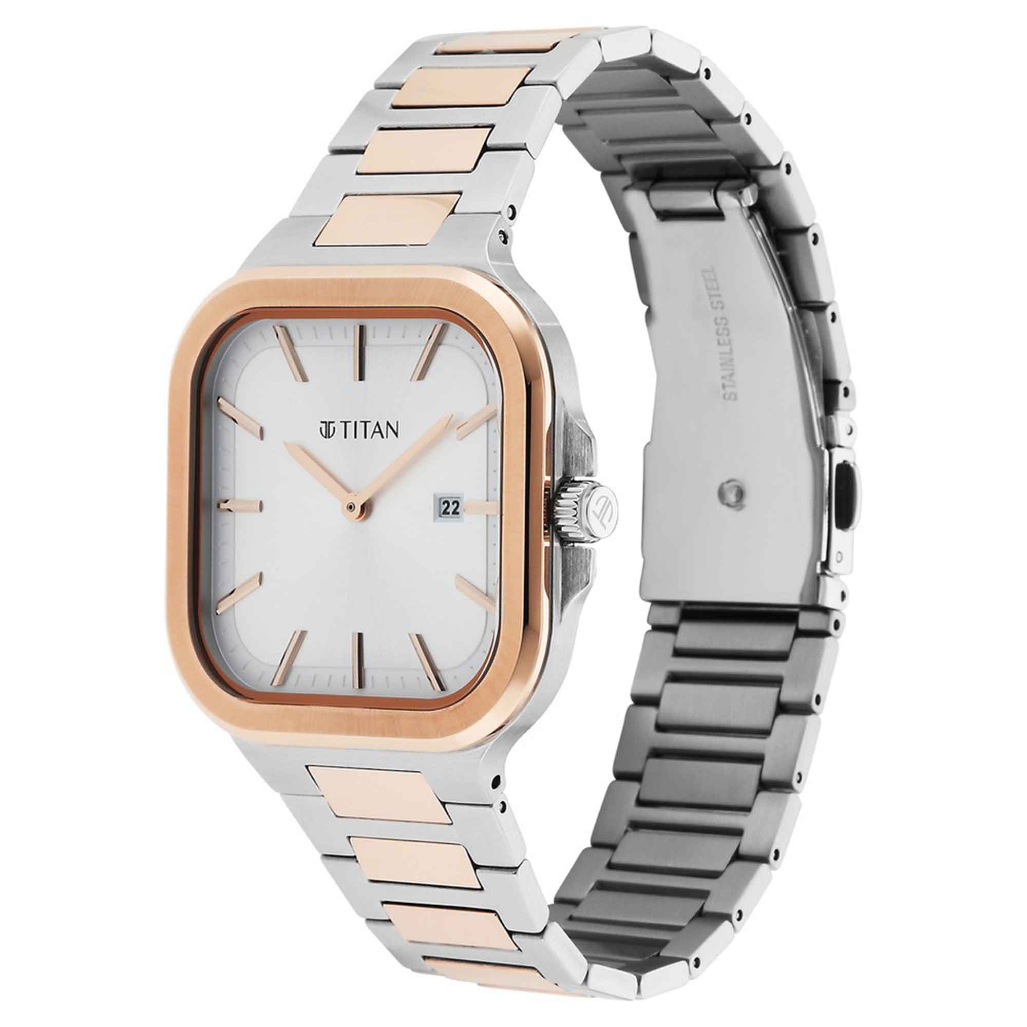 Đồng hồ Titan Classique Slim Square Quartz Analog có ngày, mặt số bạc, dây đeo bằng thép không gỉ dành cho nam