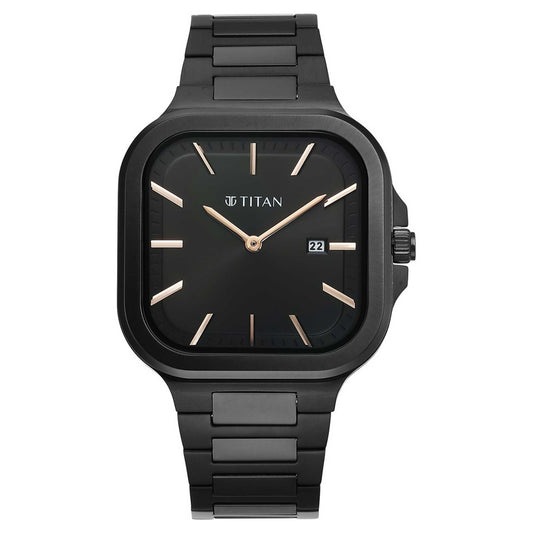 Đồng hồ Titan Classique Slim Square Quartz Analog có ngày, mặt số đen, dây đeo bằng thép không gỉ dành cho nam