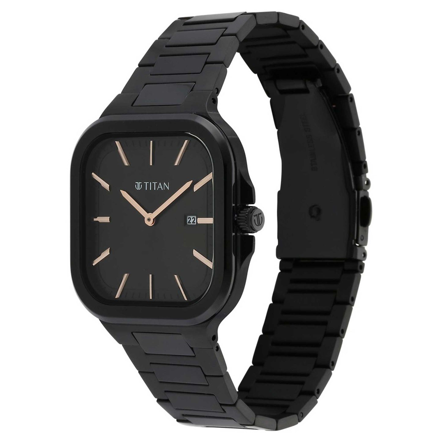 Titan Classique Slim Square Quartz Analog with Date Black Dial Stainless Steel Strap Watch for Men