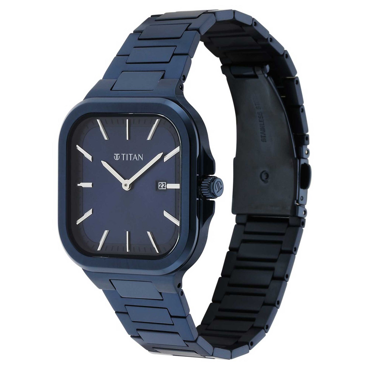 Titan Classique Slim Square Quartz Analog with Date Blue Dial Stainless Steel Strap Watch for Men-90176QM01