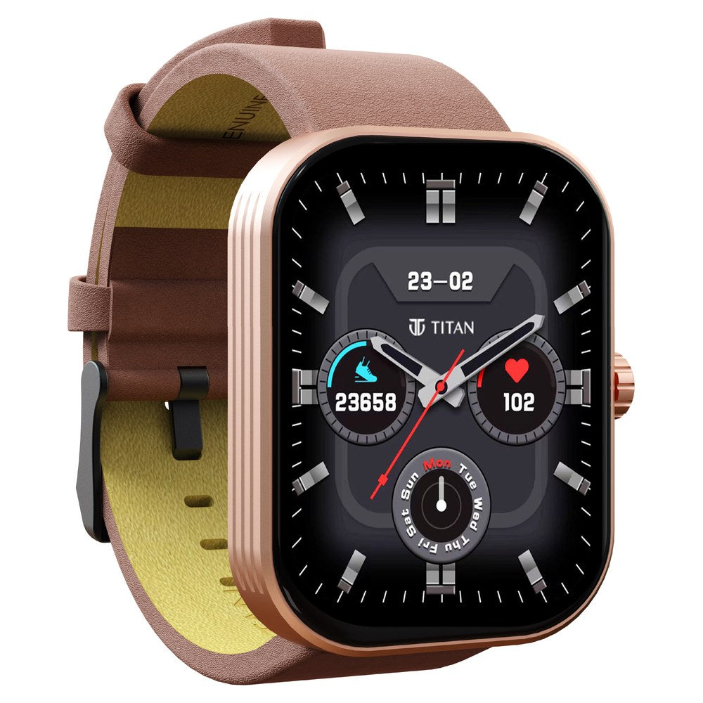 Titan Mirage with 4.97 cm AMOLED Display and AOD, Functional Crown, BT Calling Smartwatch with Brown Leather Strap