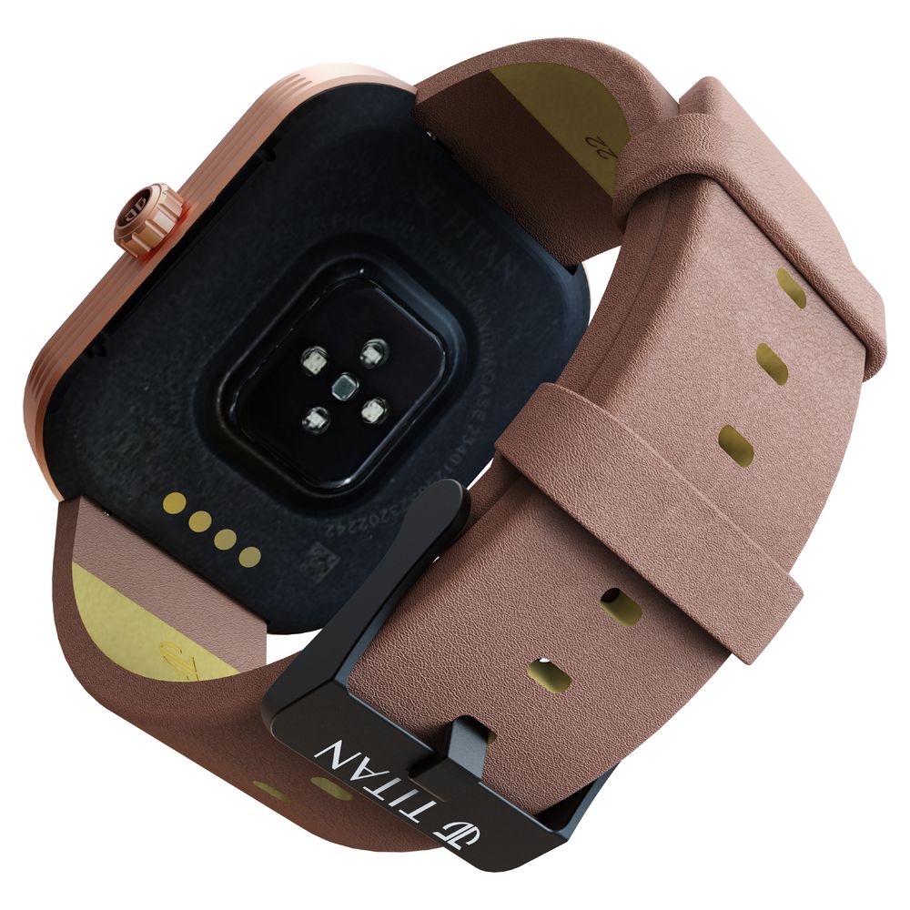 Titan Mirage with 4.97 cm AMOLED Display and AOD, Functional Crown, BT Calling Smartwatch with Brown Leather Strap