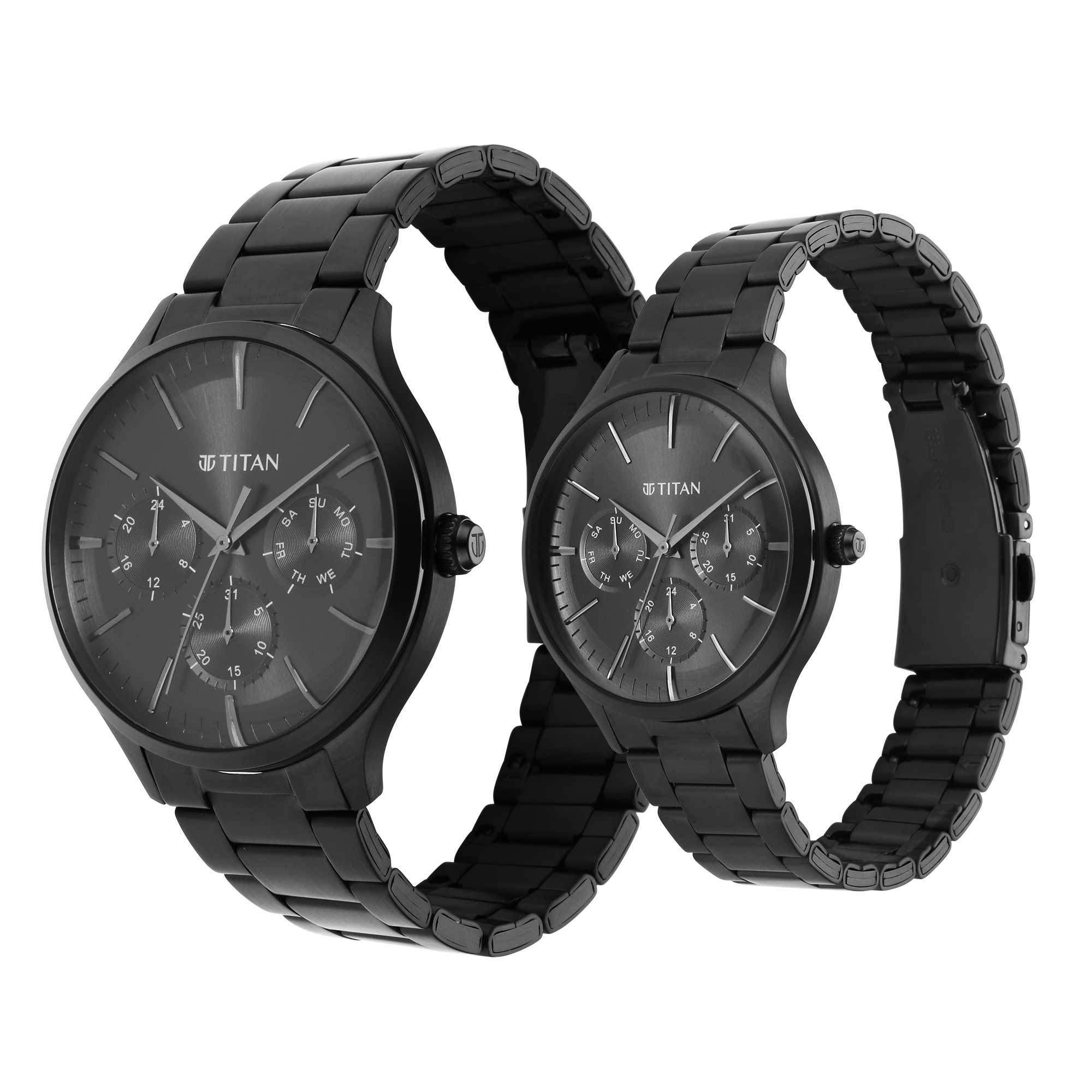 Titan Bandhan Black Dial Multi Stainless Steel Strap watch for Couple.