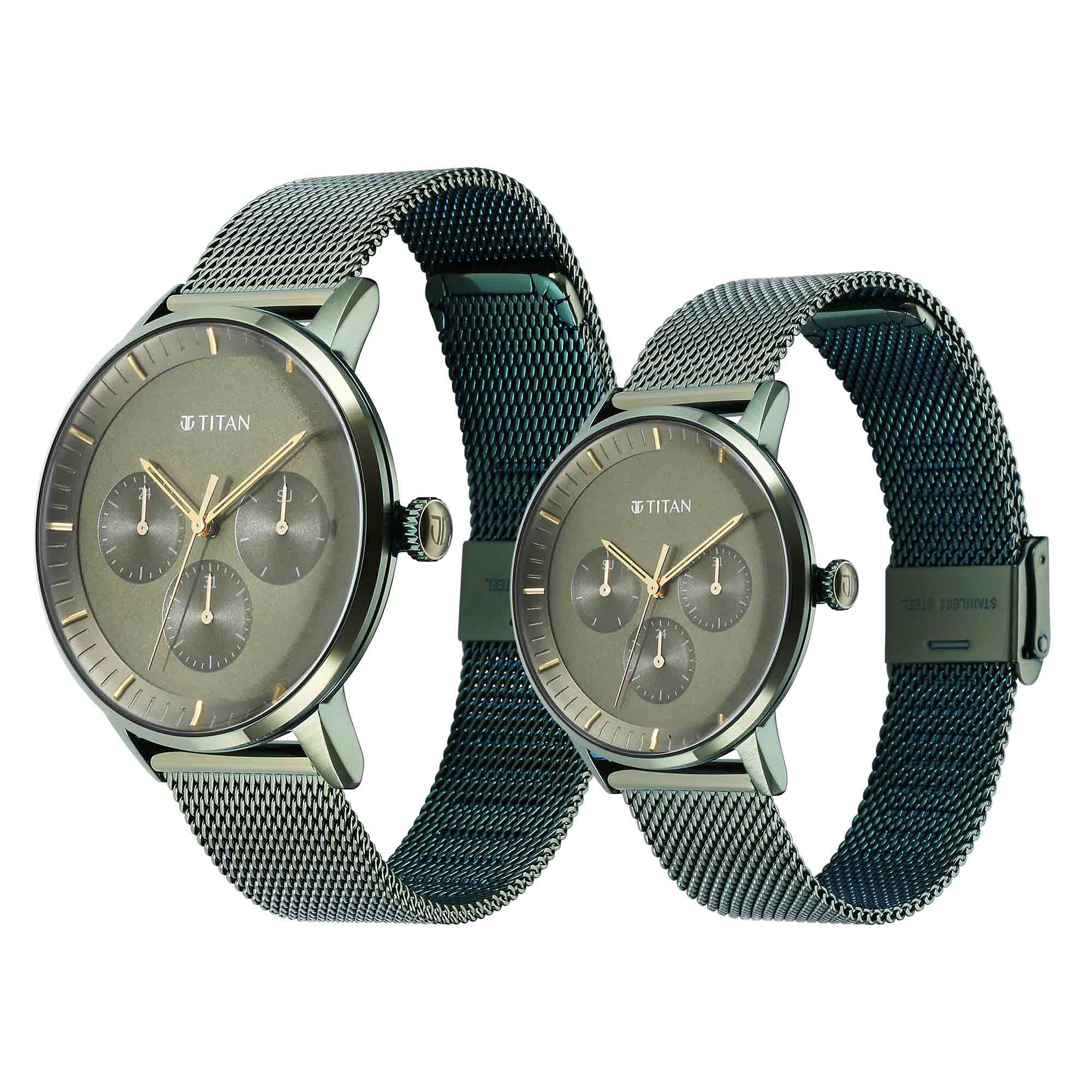 Titan Bandhan Green Dial Multi Stainless Steel Strap watch for Couple