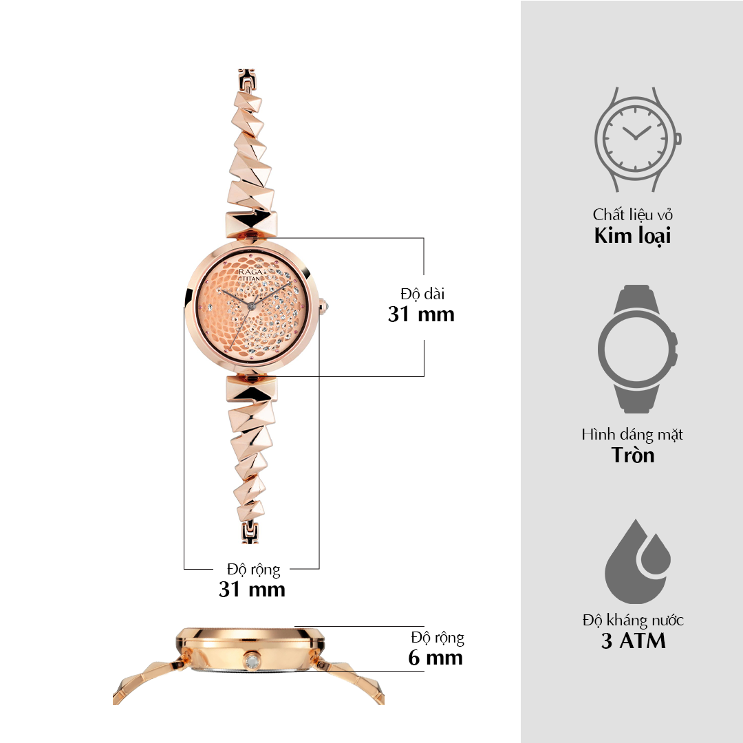 Titan Raga Facets Rose Gold Dial Women Watch With Stainless Steel Strap