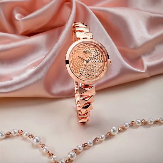 Titan Raga Facets Rose Gold Dial Women Watch With Stainless Steel Strap