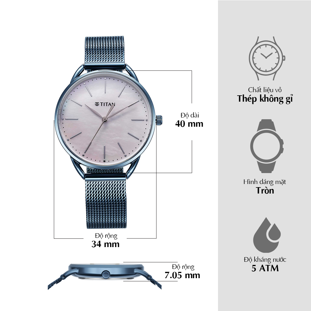 Titan Slimline Quartz Analog Mother Of Pearl Dial Blue Stainless Steel Strap Watch for Women