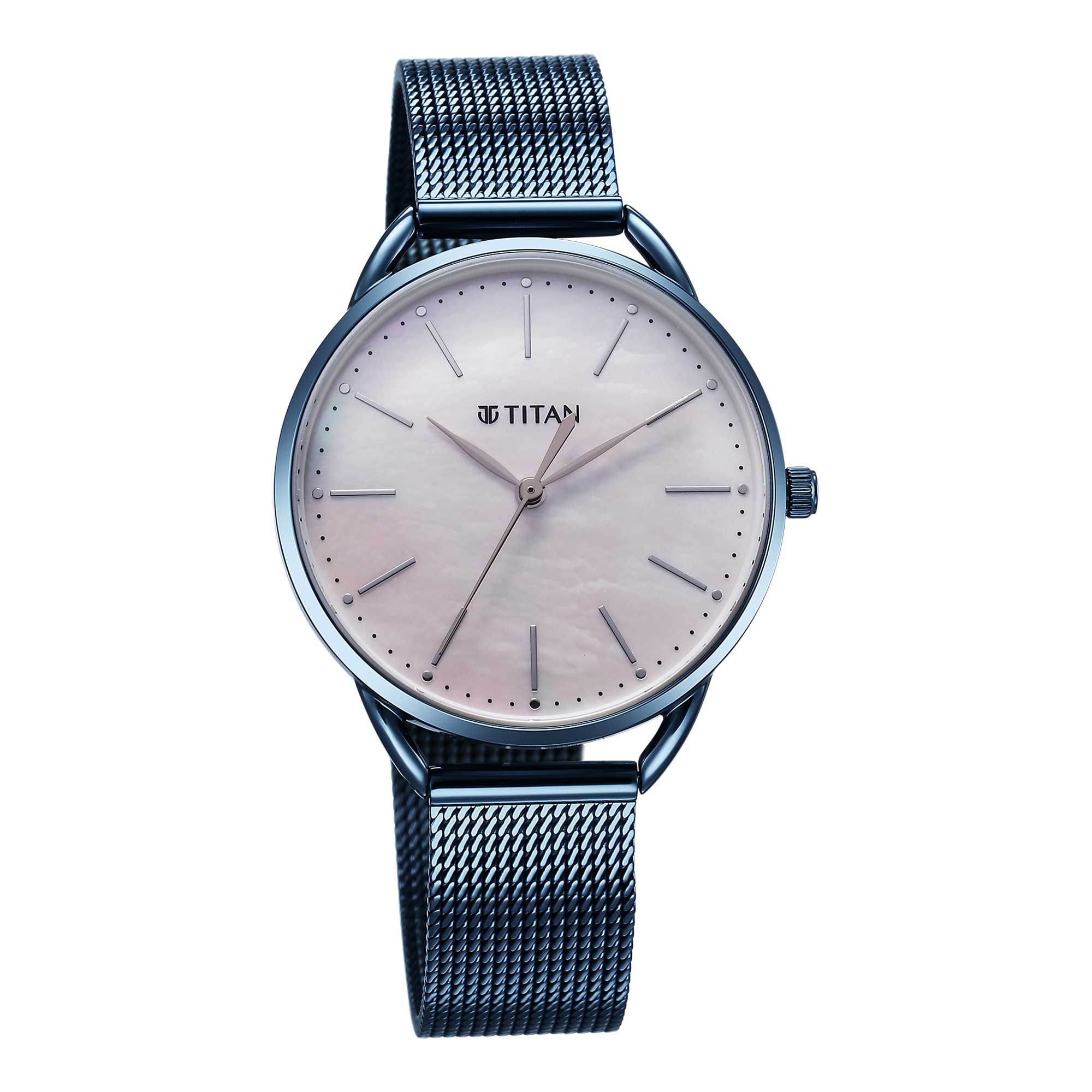 Titan Slimline Quartz Analog Mother Of Pearl Dial Blue Stainless Steel Strap Watch for Women