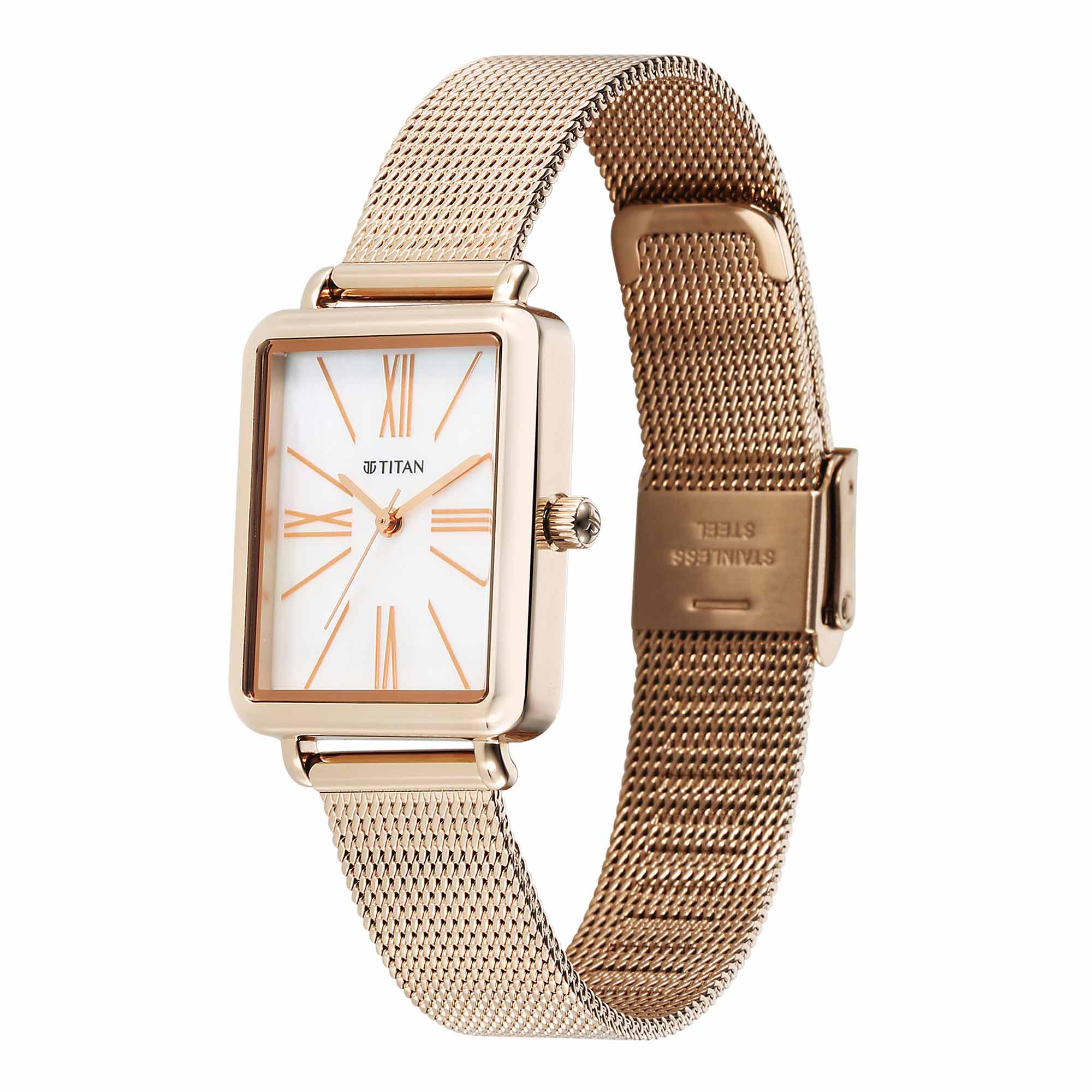 Titan Slimline Quartz Analog Mother Of Pearl Dial Rose Gold Stainless Steel Strap Watch for Women