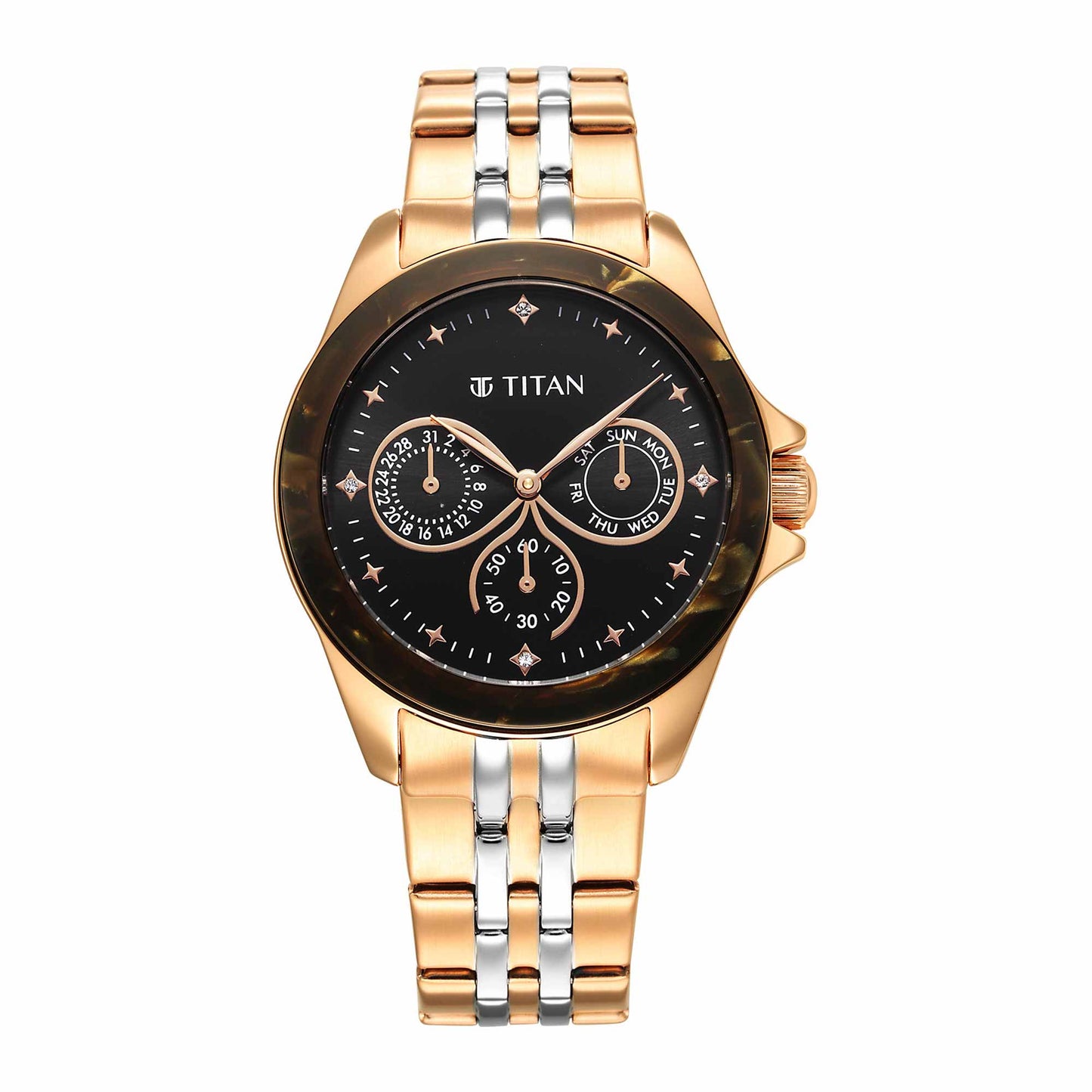 Titan Acetate Black Dial Analog with Day and Date Stainless Steel Strap Watch for Women