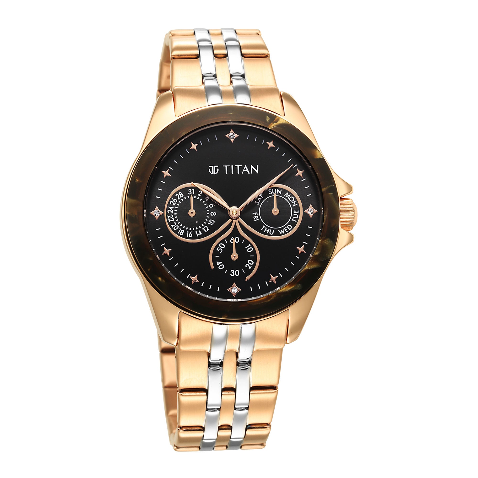 Titan Acetate Black Dial Analog with Day and Date Stainless Steel Strap Watch for Women