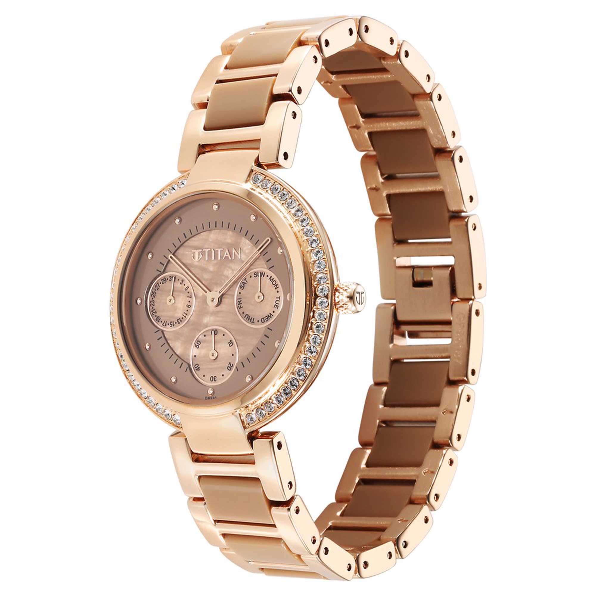 Titan Acetate Mother Of Pearl Quartz Multifunction Hybrid Strap Watch for Women