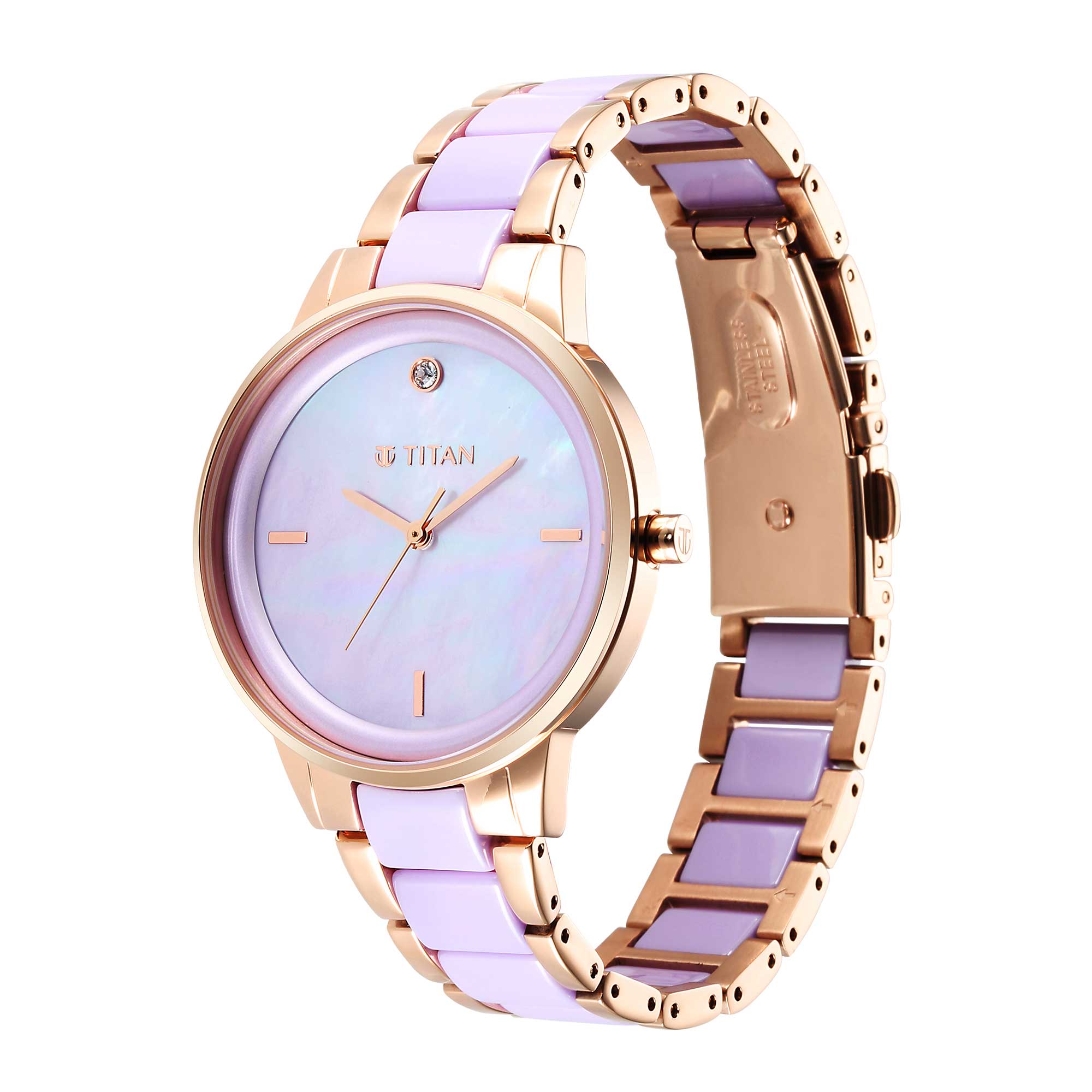 Titan Purple Ceramics Pink Dial Analog Steel and Ceramic Strap Watch for Women